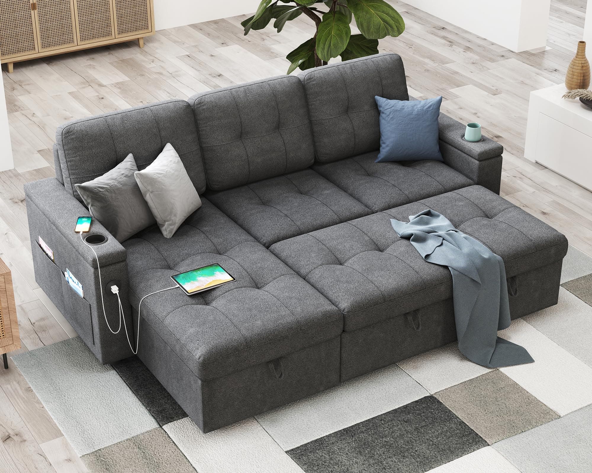AMERLIFE Dark Grey 84 Inch L Shaped Pull Out Couch Bed with Storage