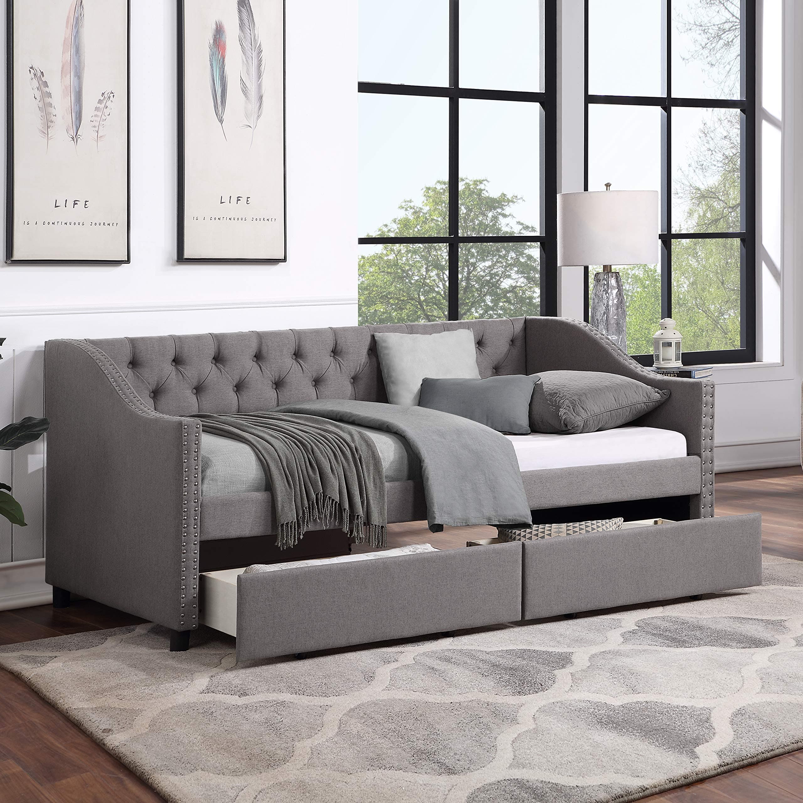 Twin Size Daybed with Storage & Linen Fabric, Wood Slat Support, Gray