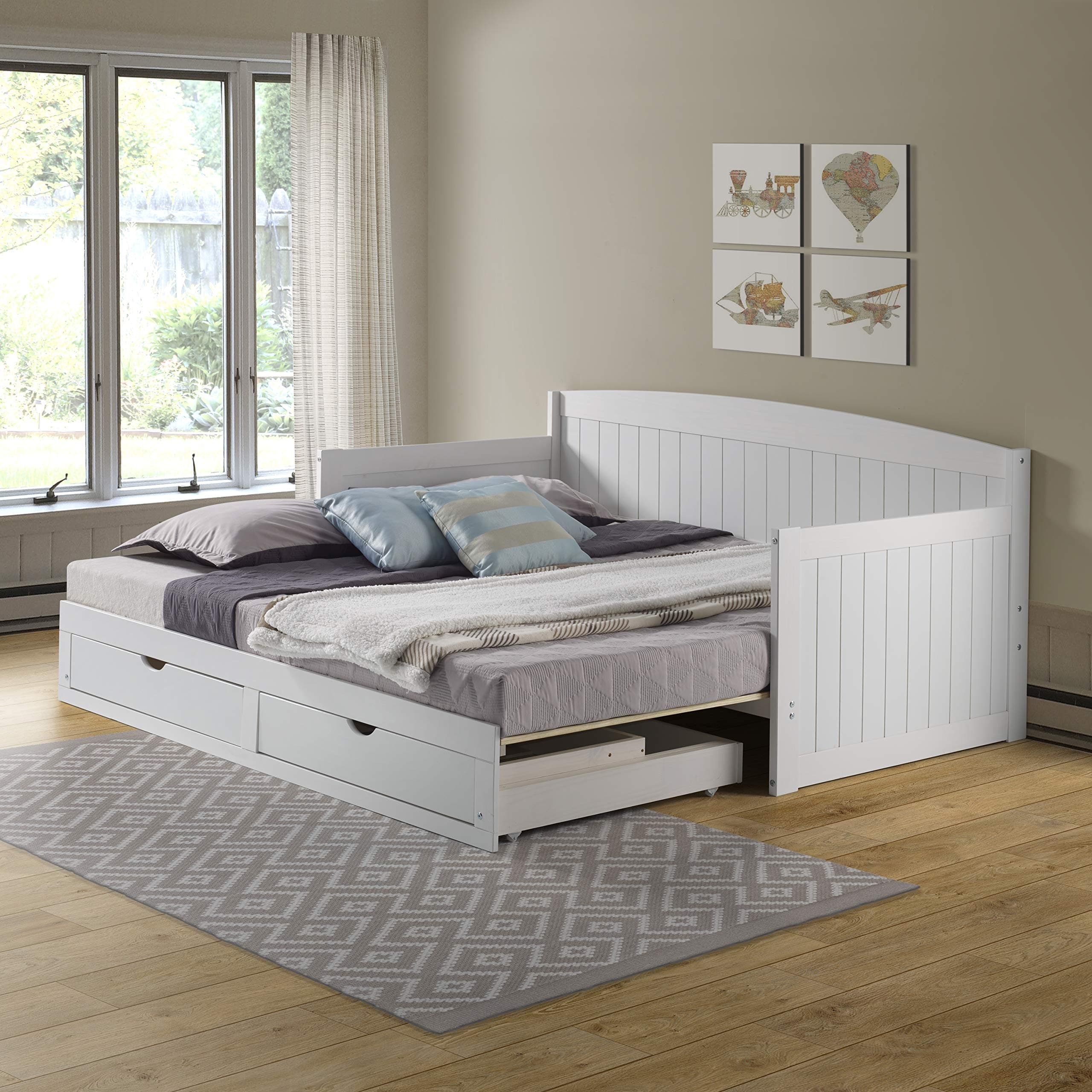 Alaterre Harmony Wood Daybed, Twin Size, White, 440 lbs Capacity, Kids Sleepover, 2 Drawers