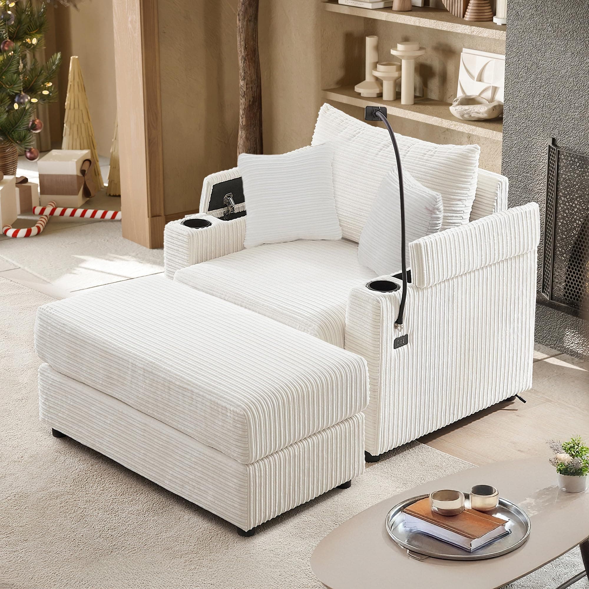 Oversized White Chaise Lounge Chair with Ottoman & 2 Pillows, USB Ports & Cup Holders (39.4")