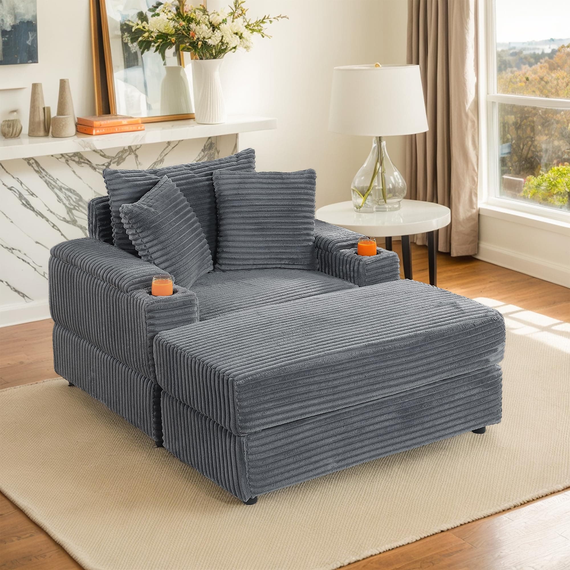 Oversized Chaise Lounge Convertible Sleeper Sofa Bed (Grey)