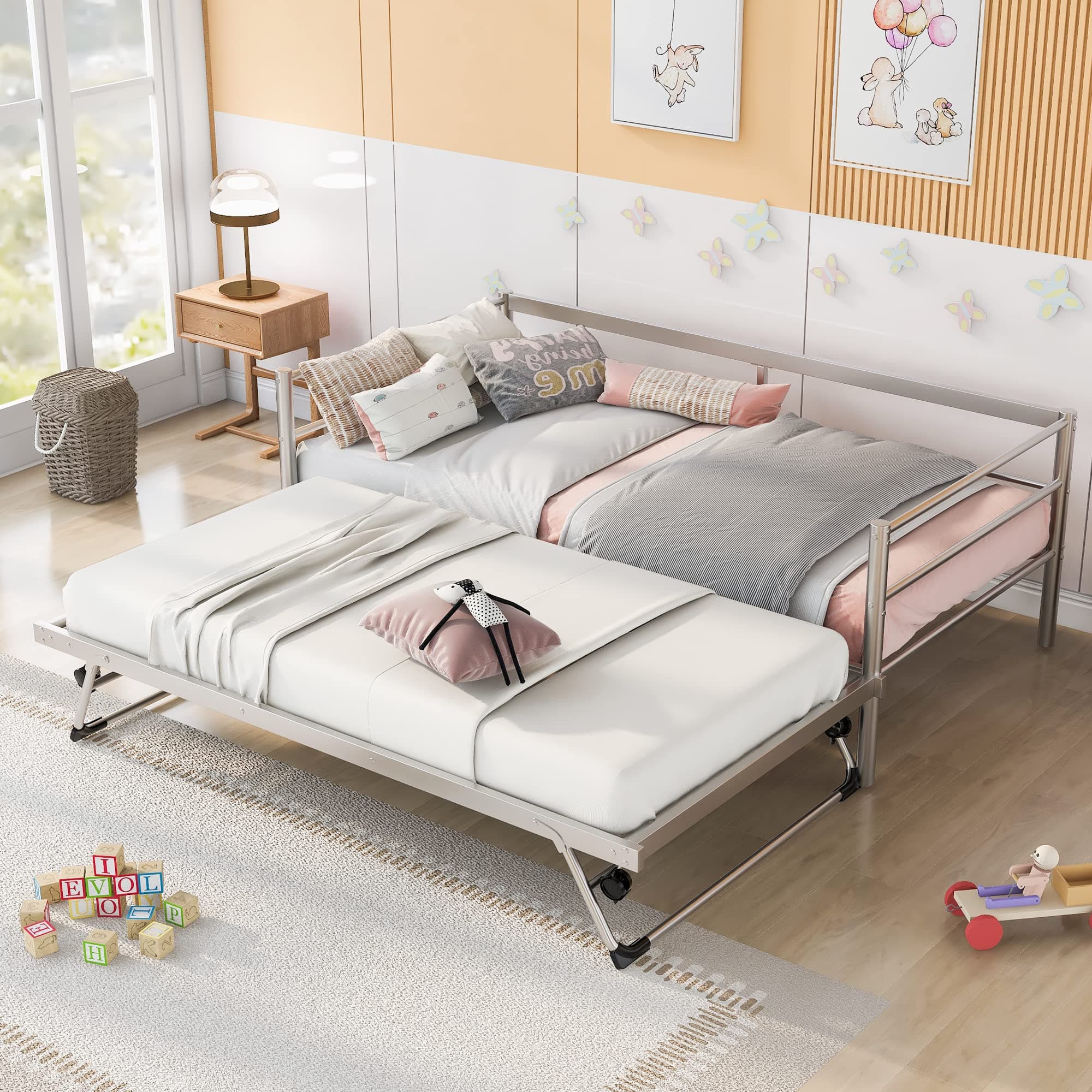 Merax Twin Size Adjustable Metal Daybed with Pop Up Trundle, Steel Slats Support, Silver