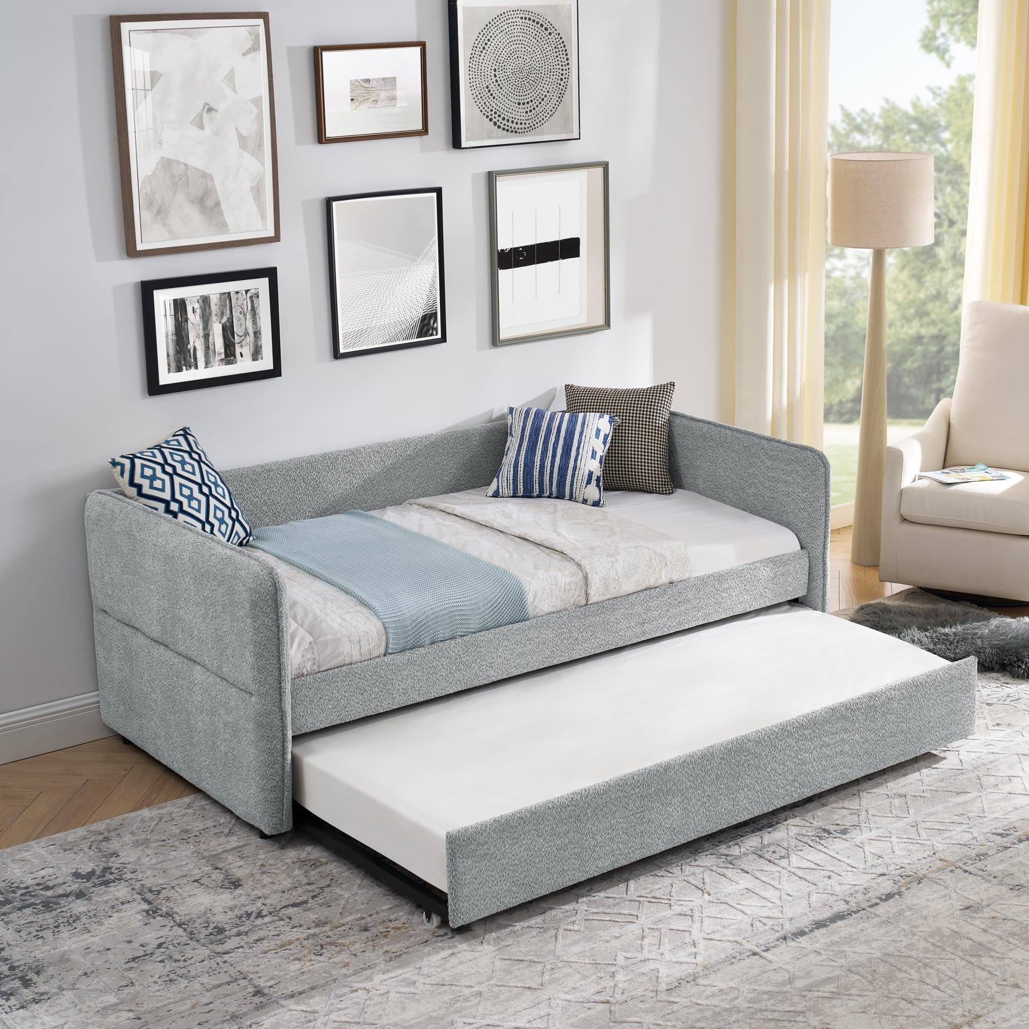Twin Size Daybed with Trundle, Boucle Fabric, Grey, Easy Assembly