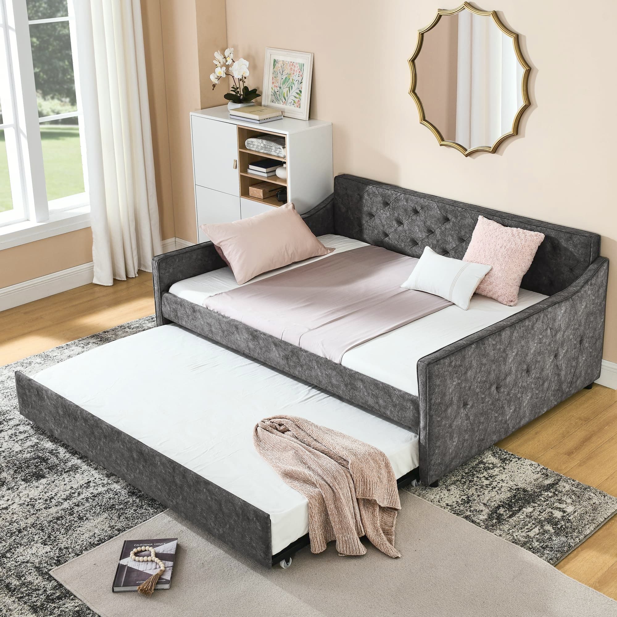Grey Upholstered Daybed with Trundle and Tufted Back