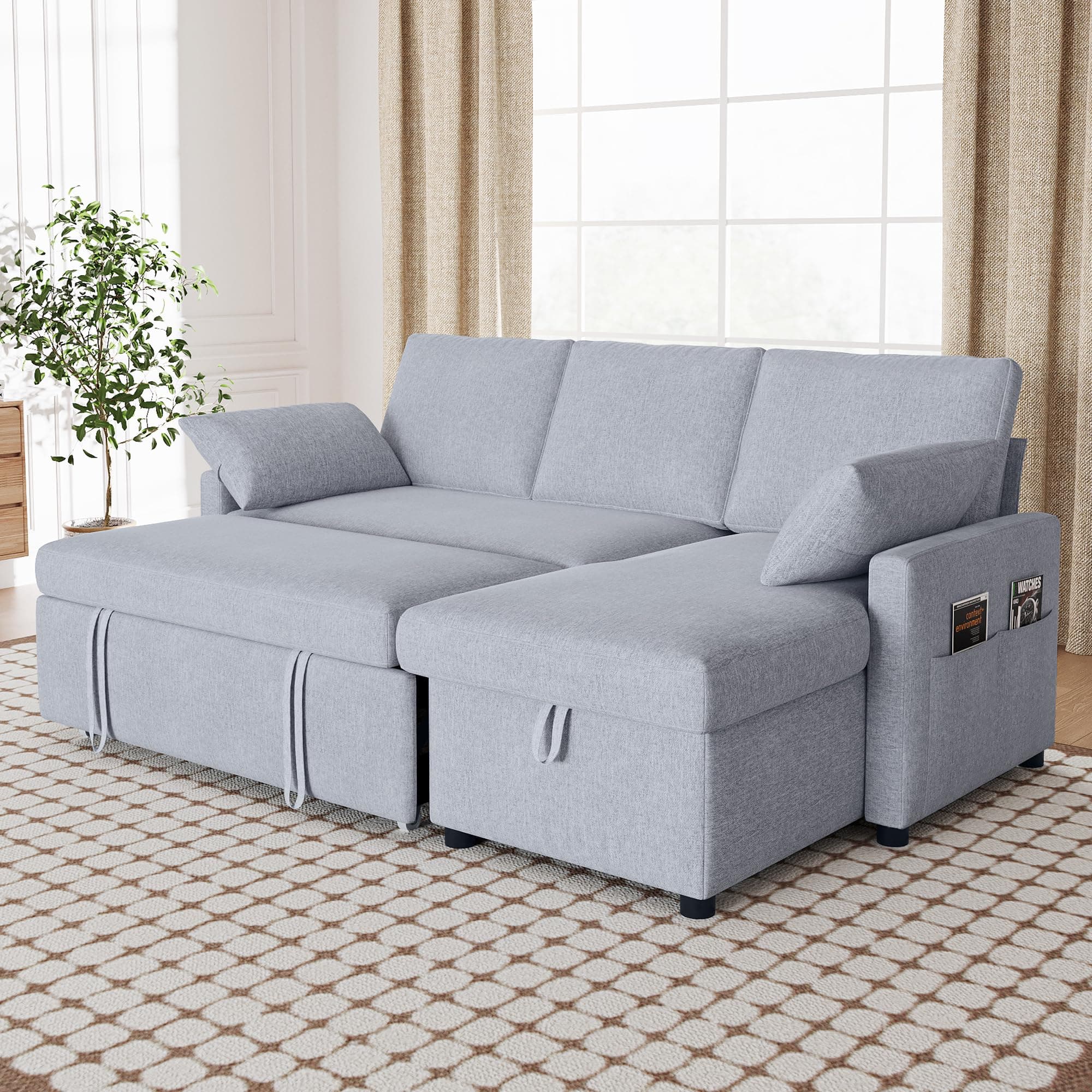 4-in-1 L-Shaped Sleeper Sofa with Storage in Light Gray