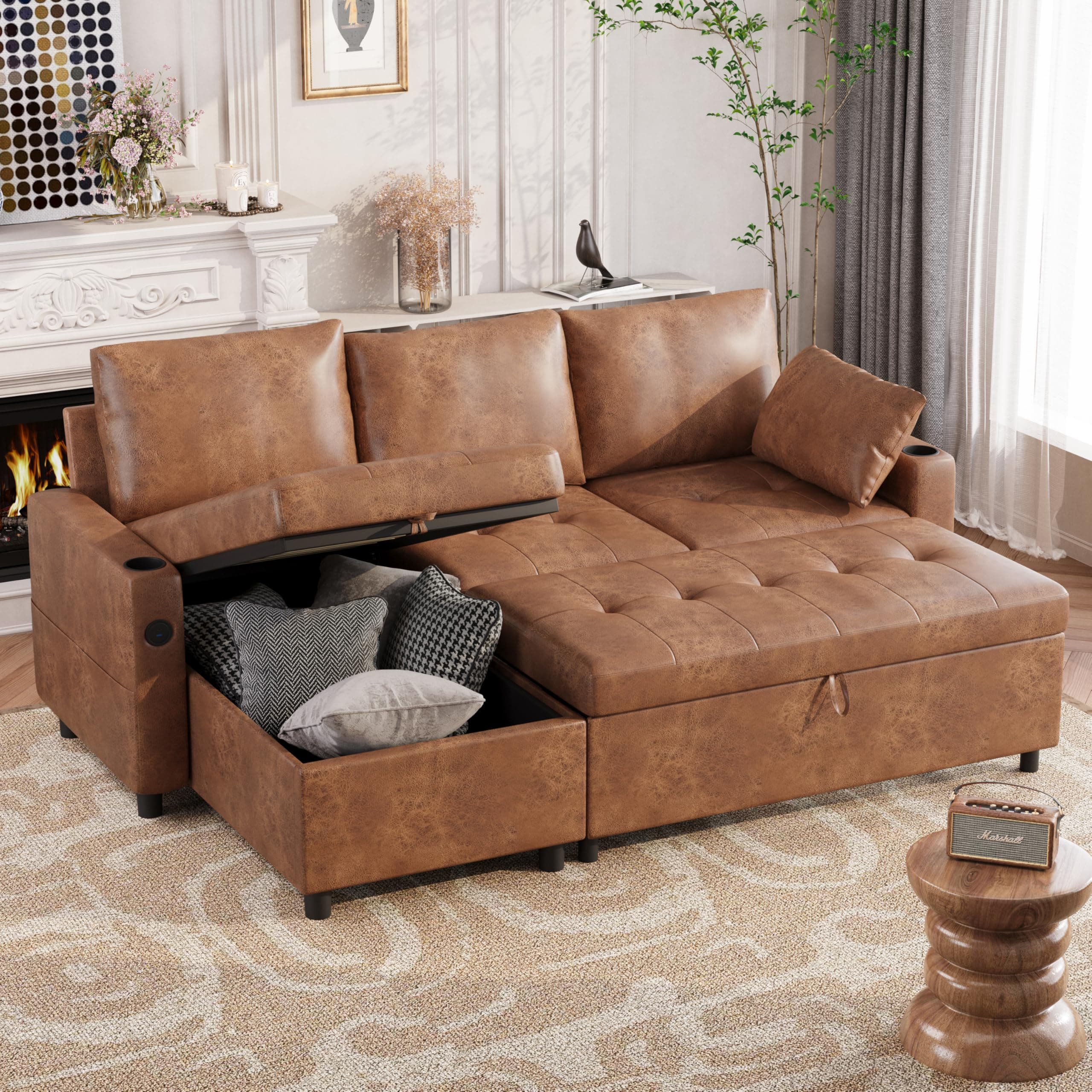 Brown L-Shaped Reversible Storage Sleeper Sofa with Pullout Bed