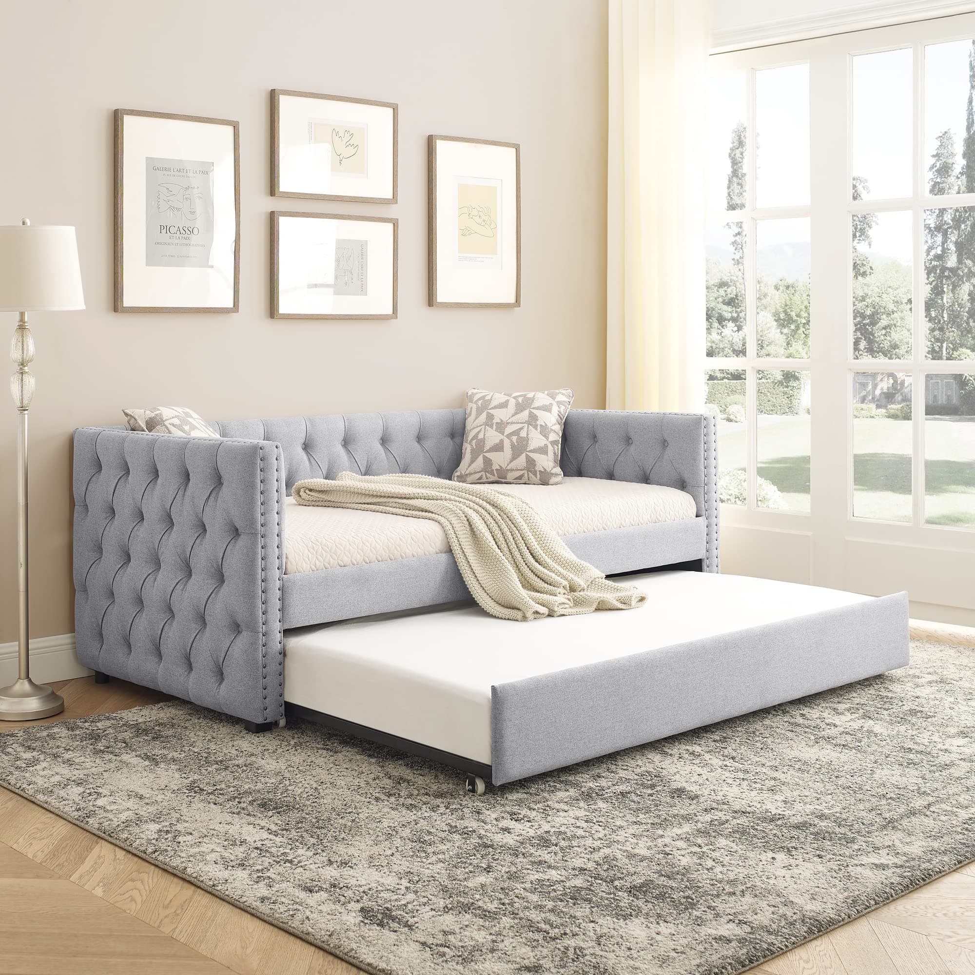Light Grey Linen Tufted Daybed with Trundle, Modern Frame