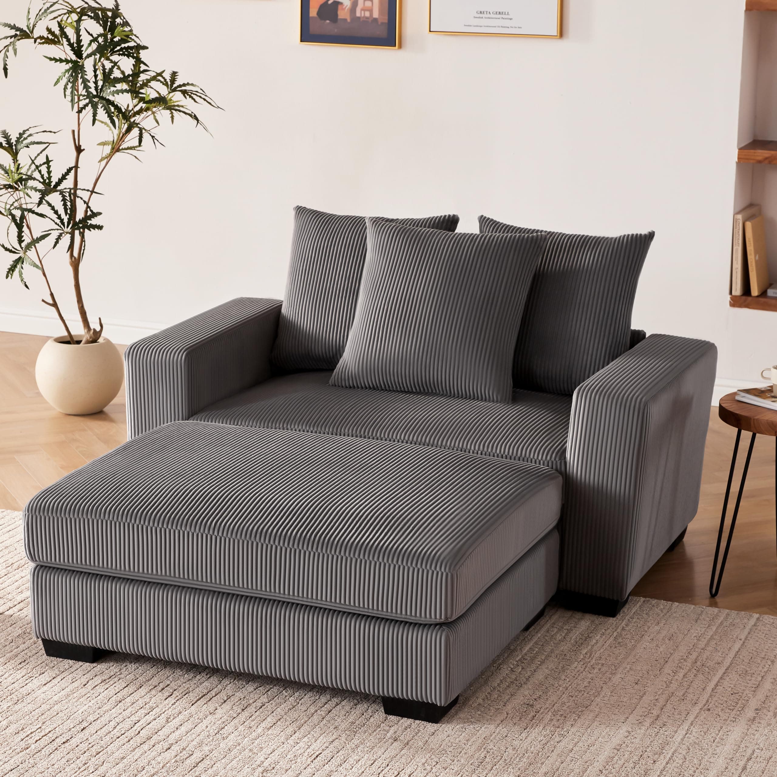58.3" Comfortable Oversized Chaise Lounge, Solid Wood Recliner with Cushioned Seats & Wide Armrests, Grey