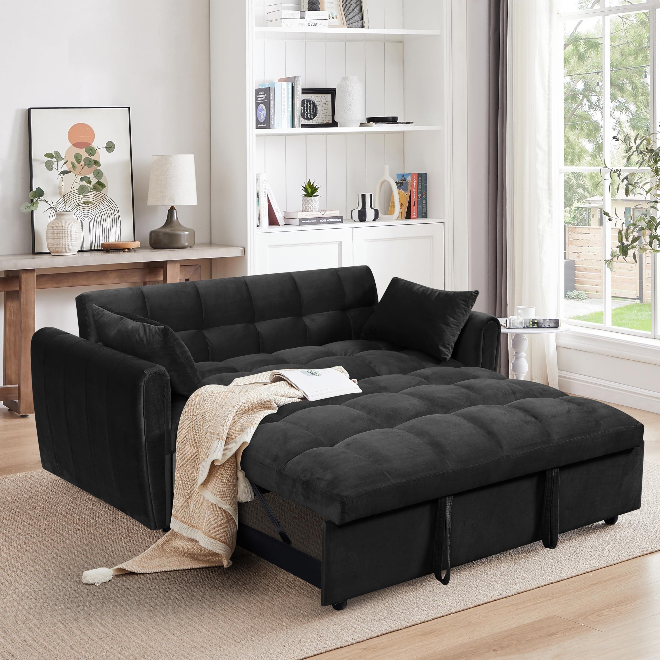 Ball & Cast 65" 3-in-1 Velvet Sleeper Sofa Bed with Adjustable Backrest & 2 Pillows, Black
