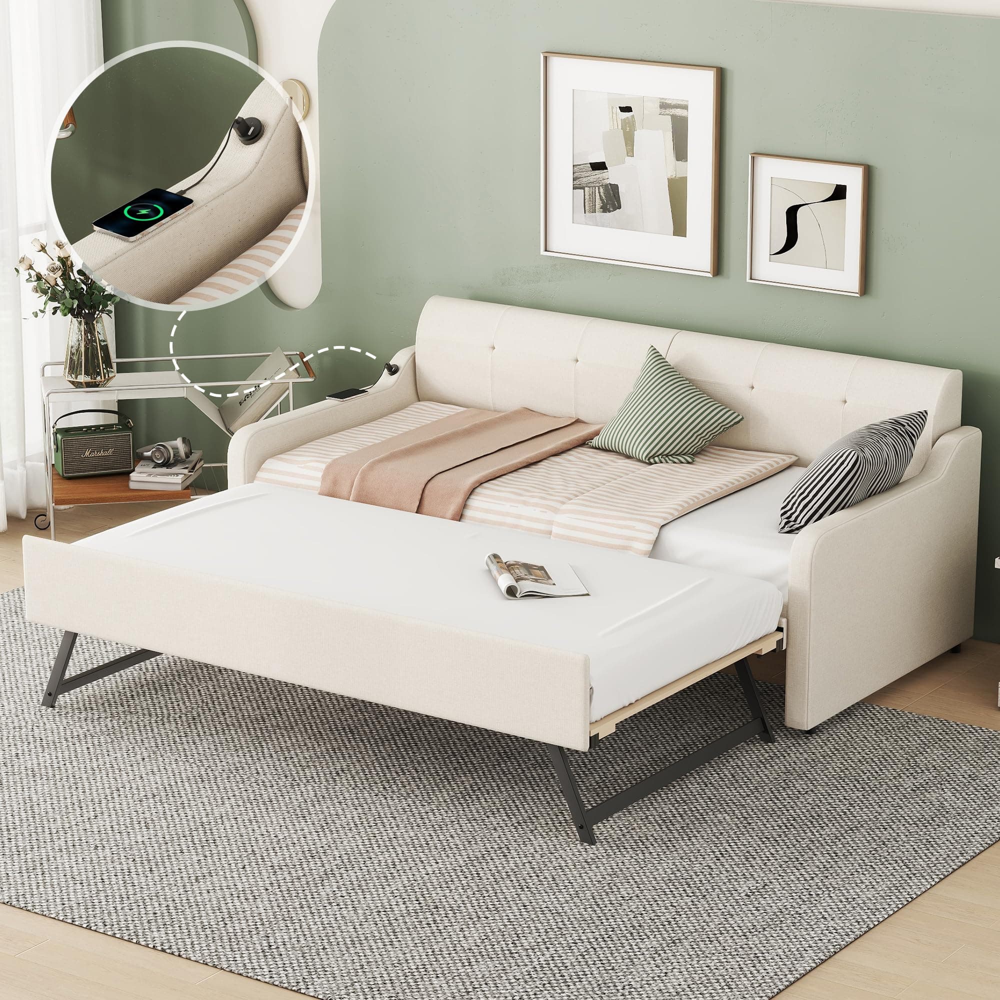 Beige Twin Size Daybed with Pop-up Trundle & Charging Station