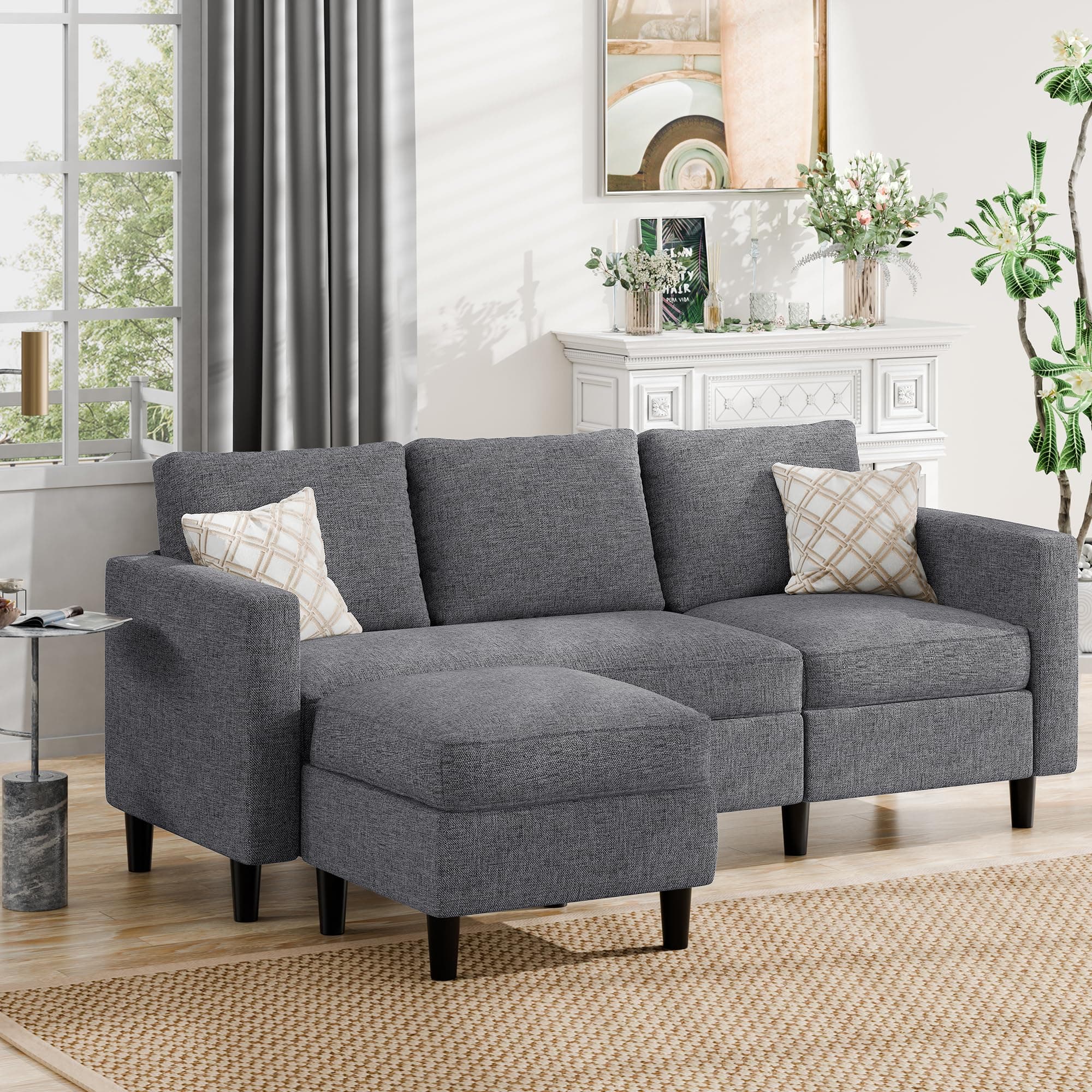 JAMFLY Dark Grey L Shaped Sectional Sofa with Ottoman for Small Living Rooms