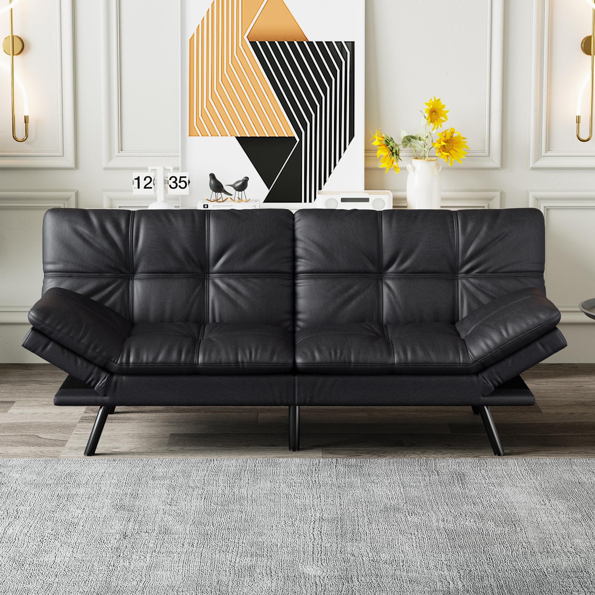 Black Faux Leather Futon Sofa Bed with Memory Foam & Adjustable Backrest