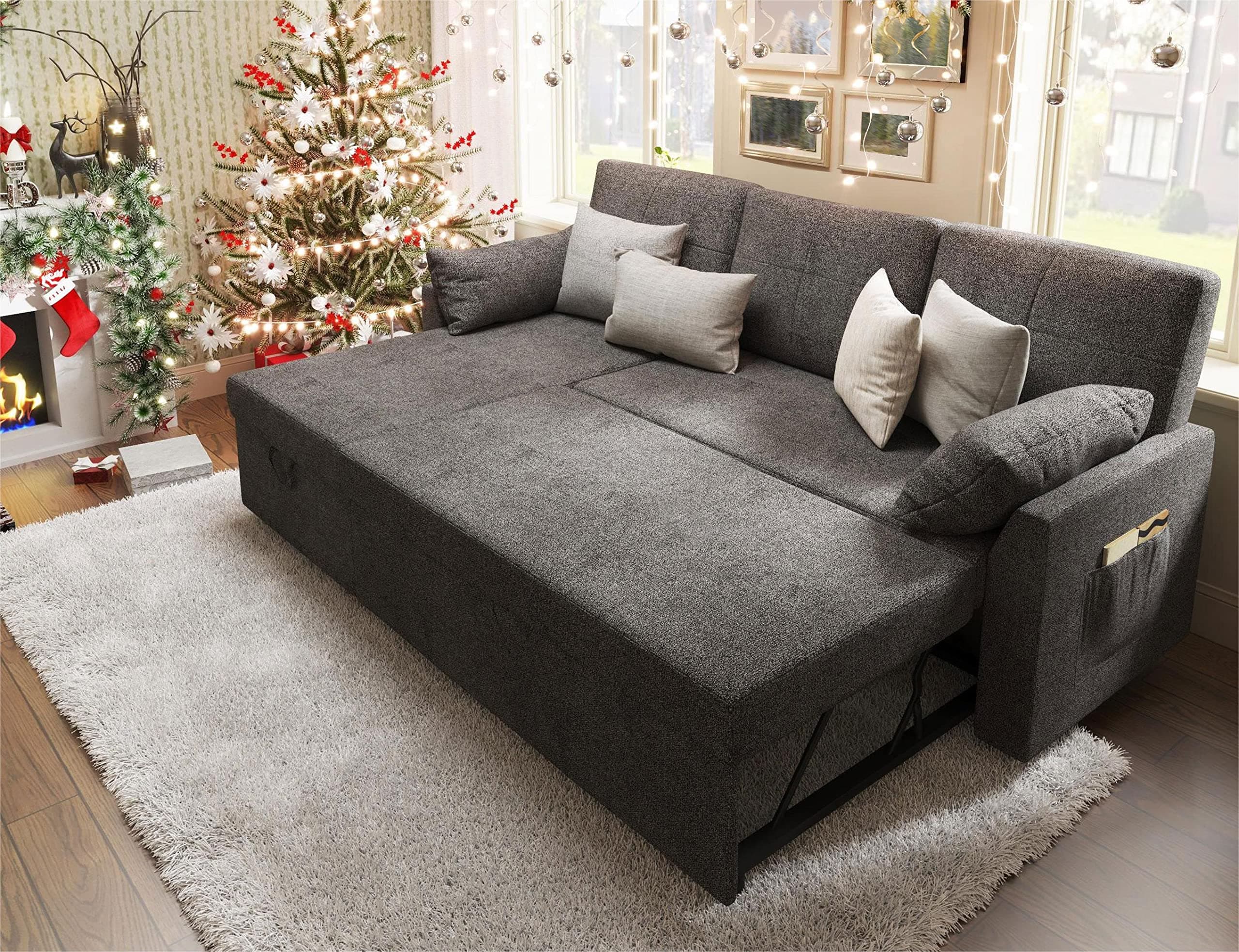 VanAcc 2 in 1 Sleeper Sofa Bed with Storage Chaise, Grey Linen