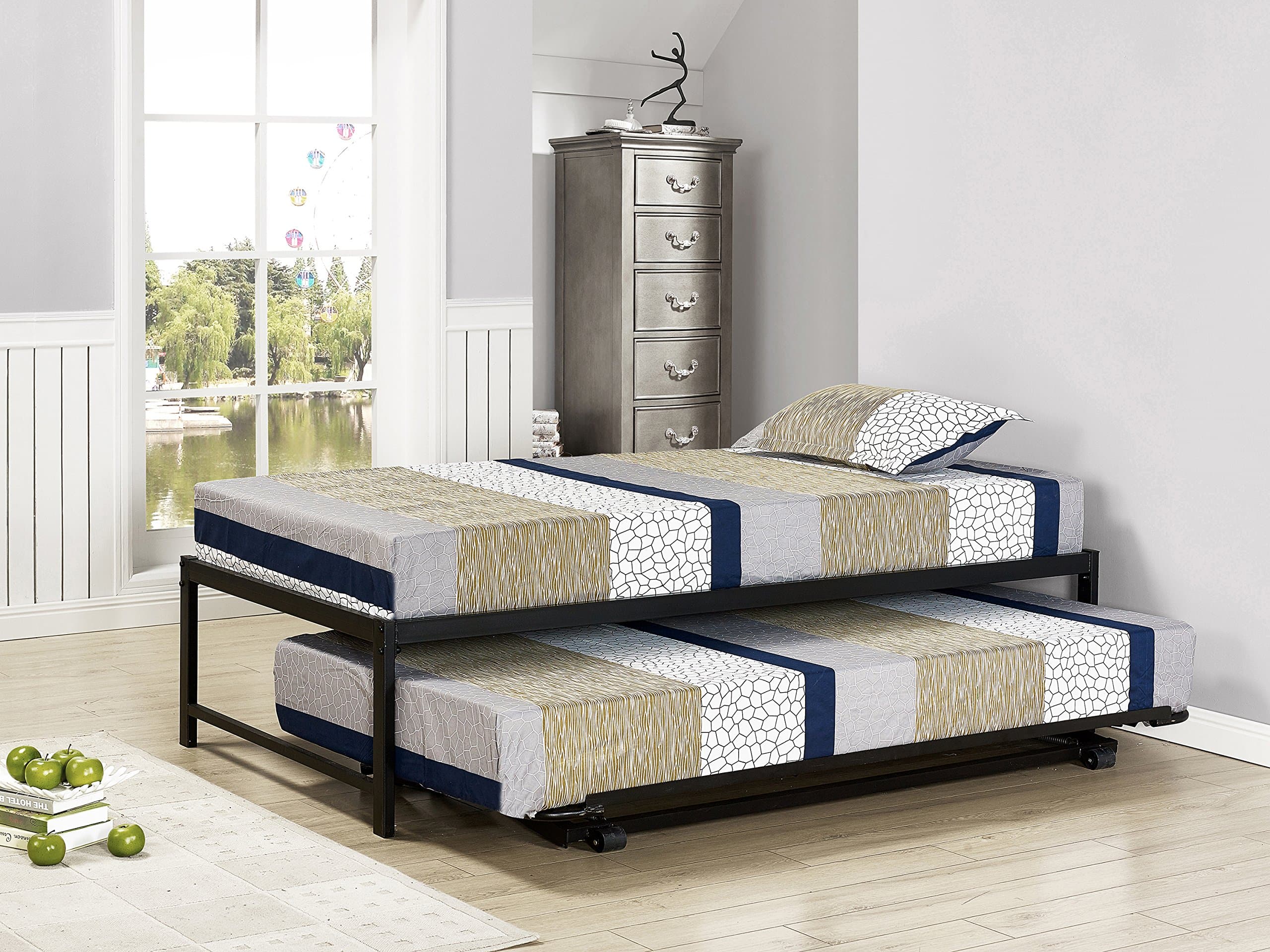 Kings Brand Twin Size Black Metal Platform Bed with Pop-Up Trundle