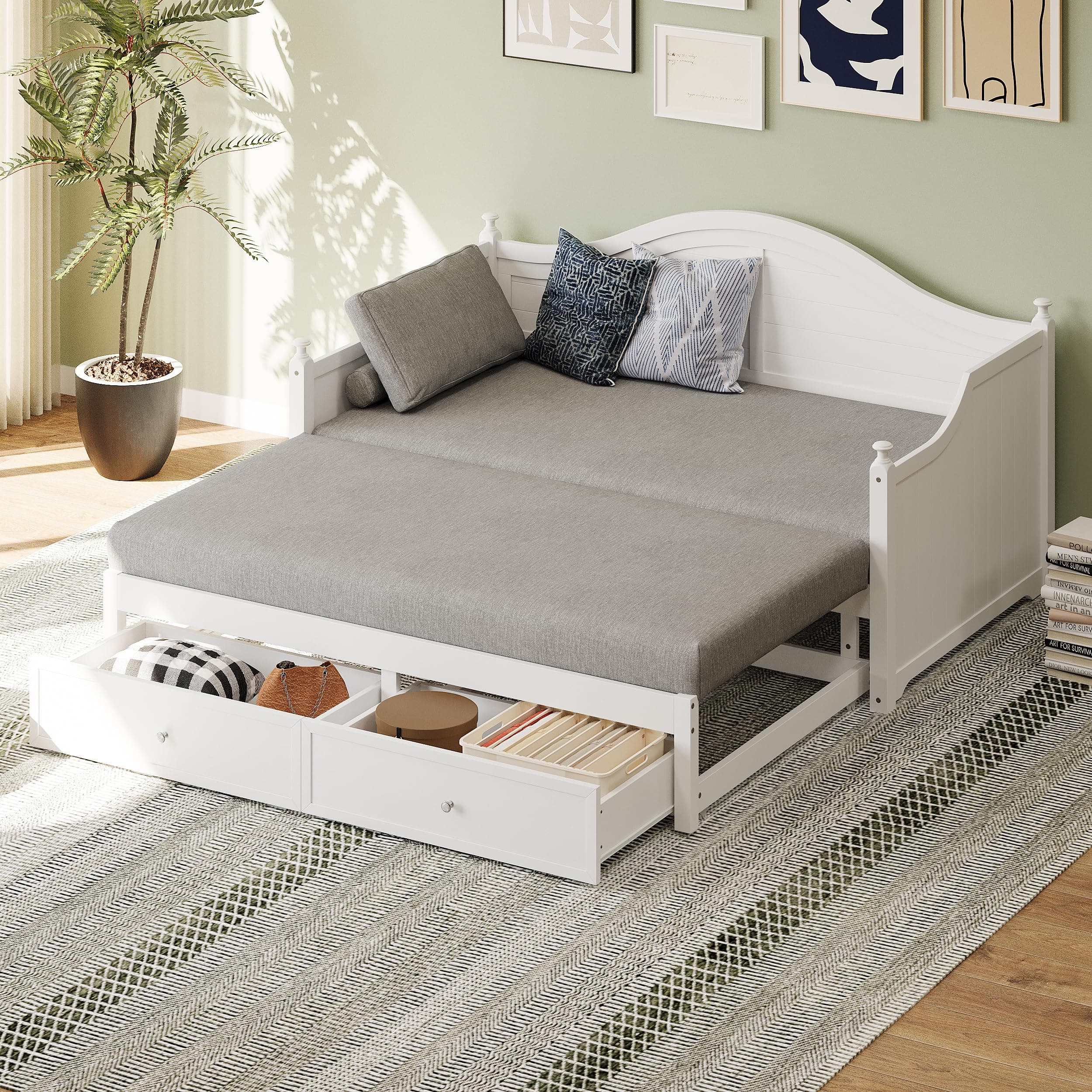 Merax Twin Size Extendable Wood Daybed with Storage, White