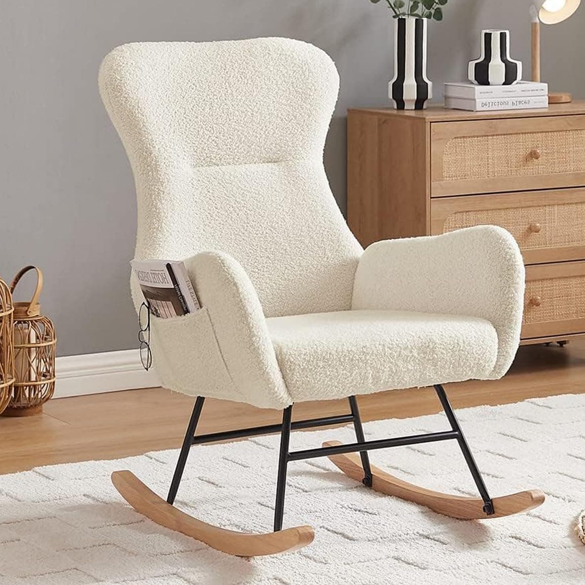 Cream White Teddy Fabric Nursery Glider Rocker for Living Room/Bedroom/Nursery