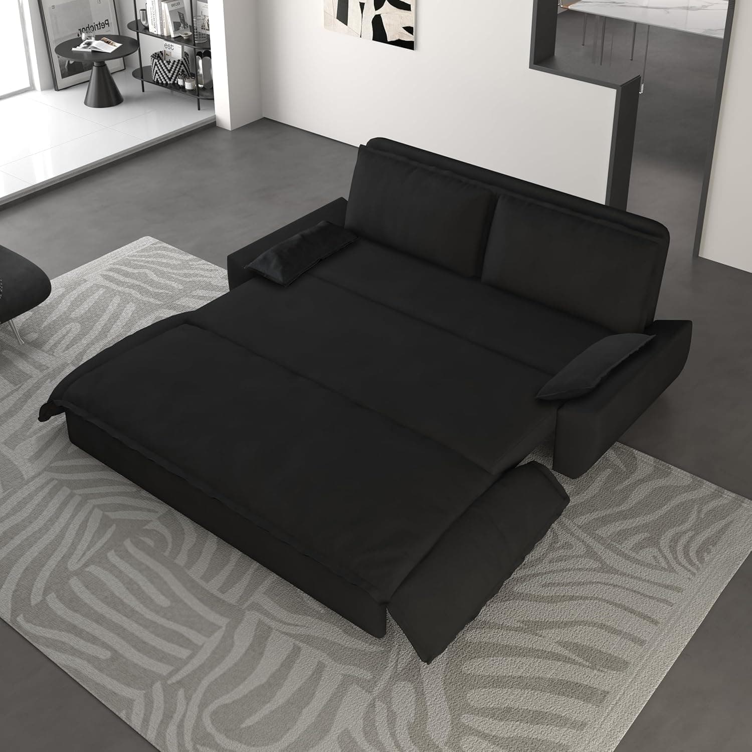 70.1" Queen Velvet Pullout Sofa Bed, 3-in-1 Sleeper Couch (Black)
