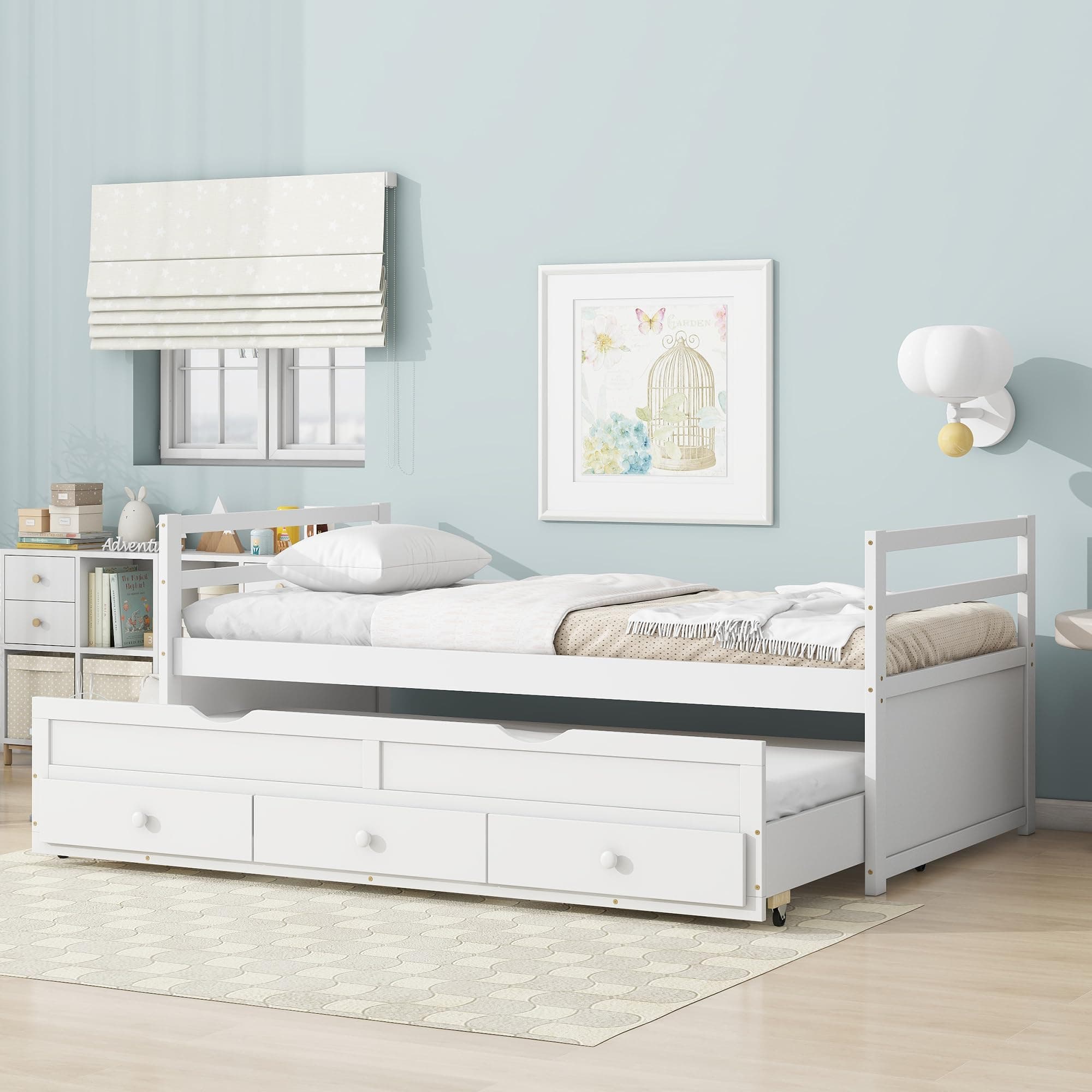 Twin Daybed with Headboard & Footboard, Storage Drawers, Pull-Out Trundle, White