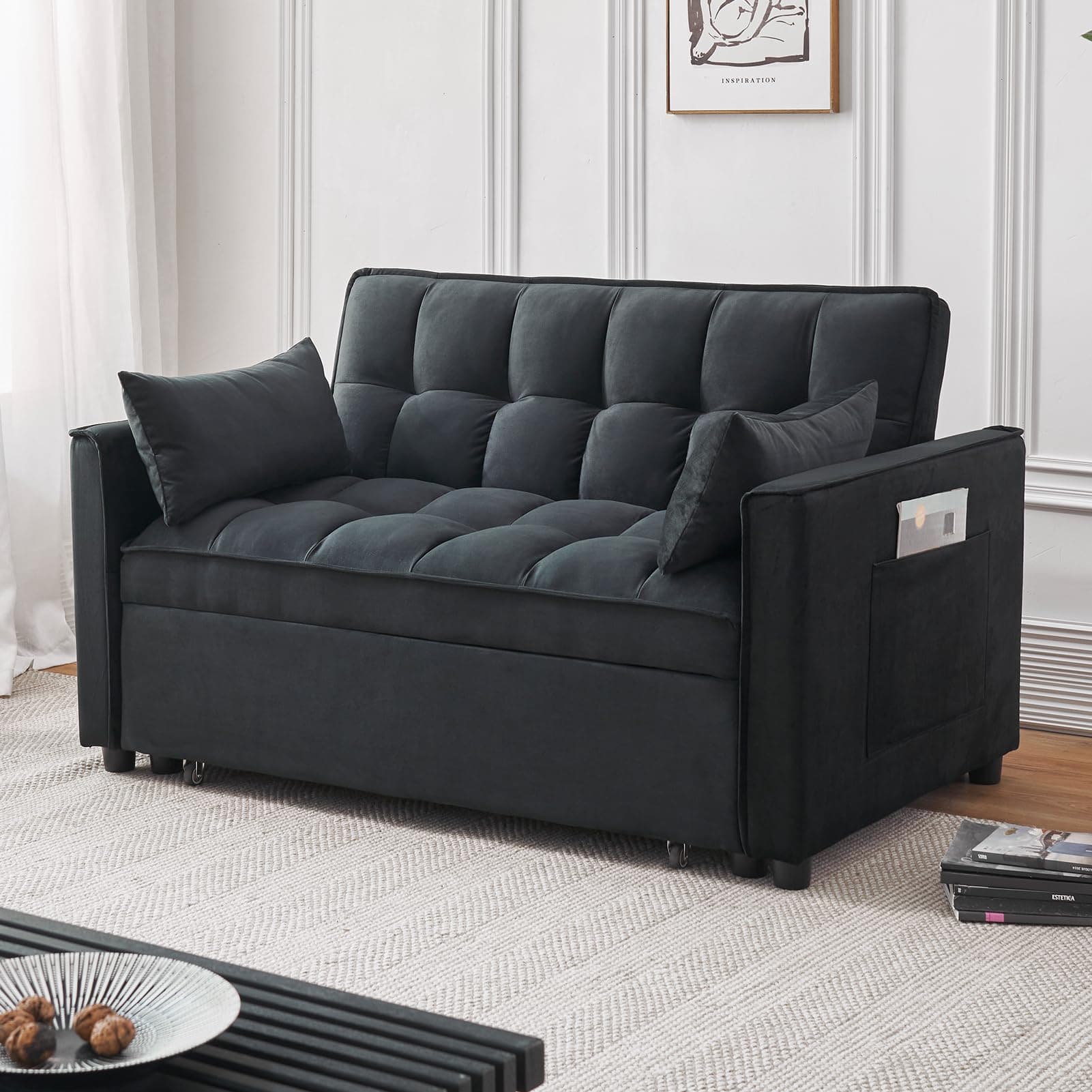 Black Modern 3-in-1 Futon Sofa Bed with Storage and Adjustables
