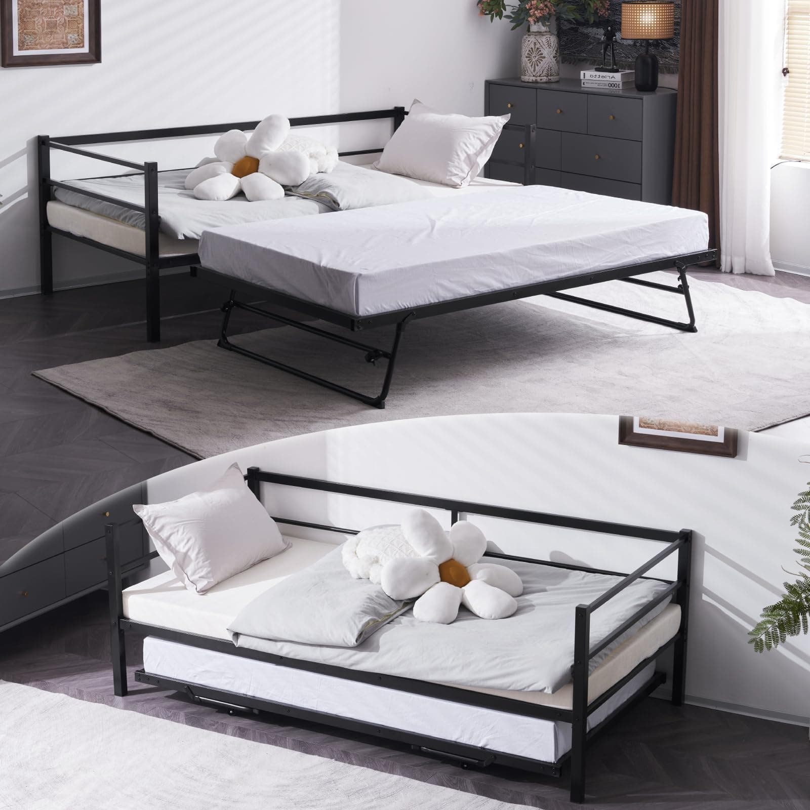 Metal Daybed with Trundle for Twin Size Mattress, No Box Spring Required - Black