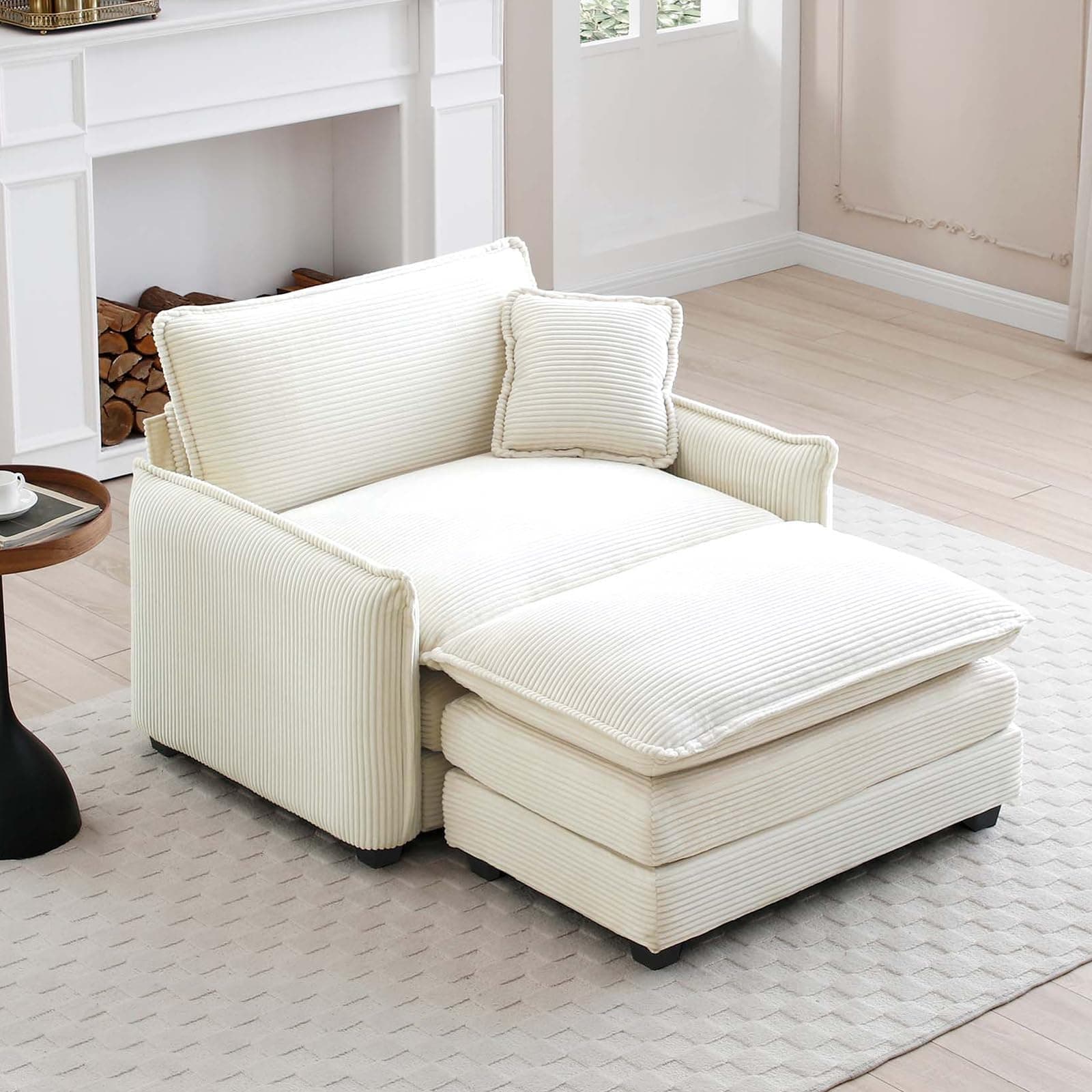Antetek Beige Oversized Chaise Lounge Chair with Ottoman for Living Room