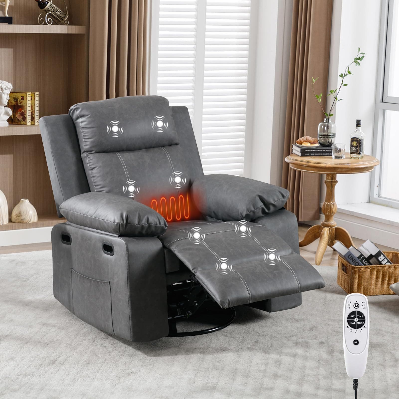 Antetek Faux Leather Rocking Recliner Chair with Massage and Heat for Nursery or Living Room, Grey
