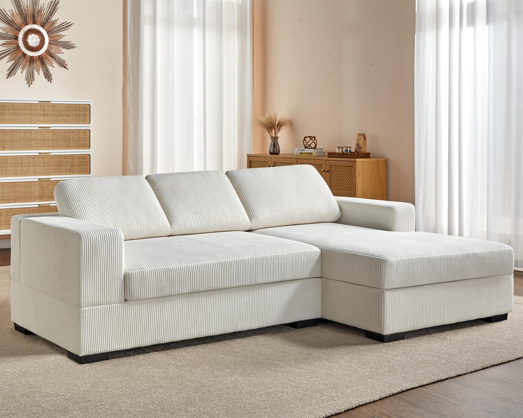 AMERLIFE 96 Inch Oversized Sectional Sofa, White Corduroy Chaise Couch