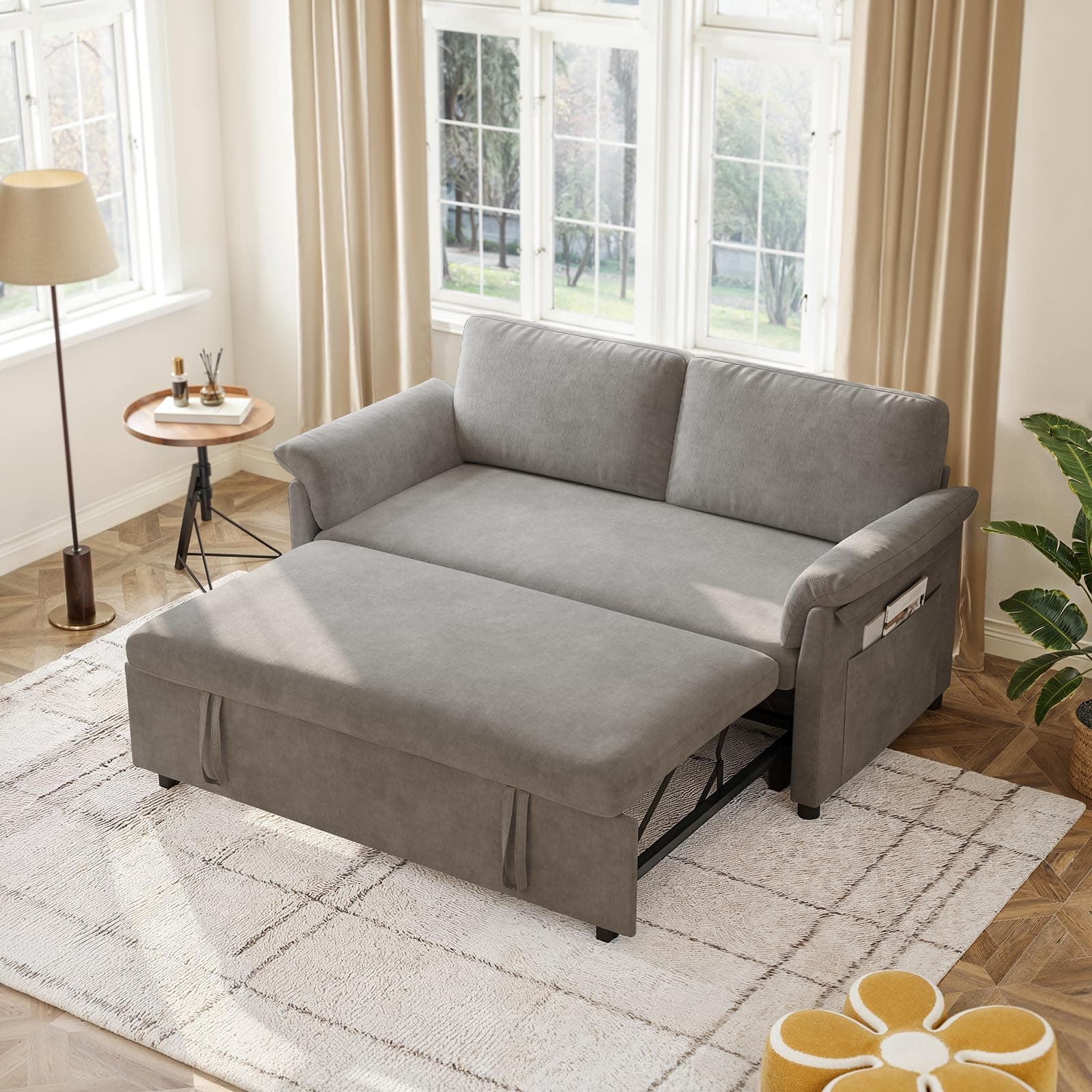 3-in-1 Chenille Convertible Sofa Bed with Pull-Out Bed, Grey