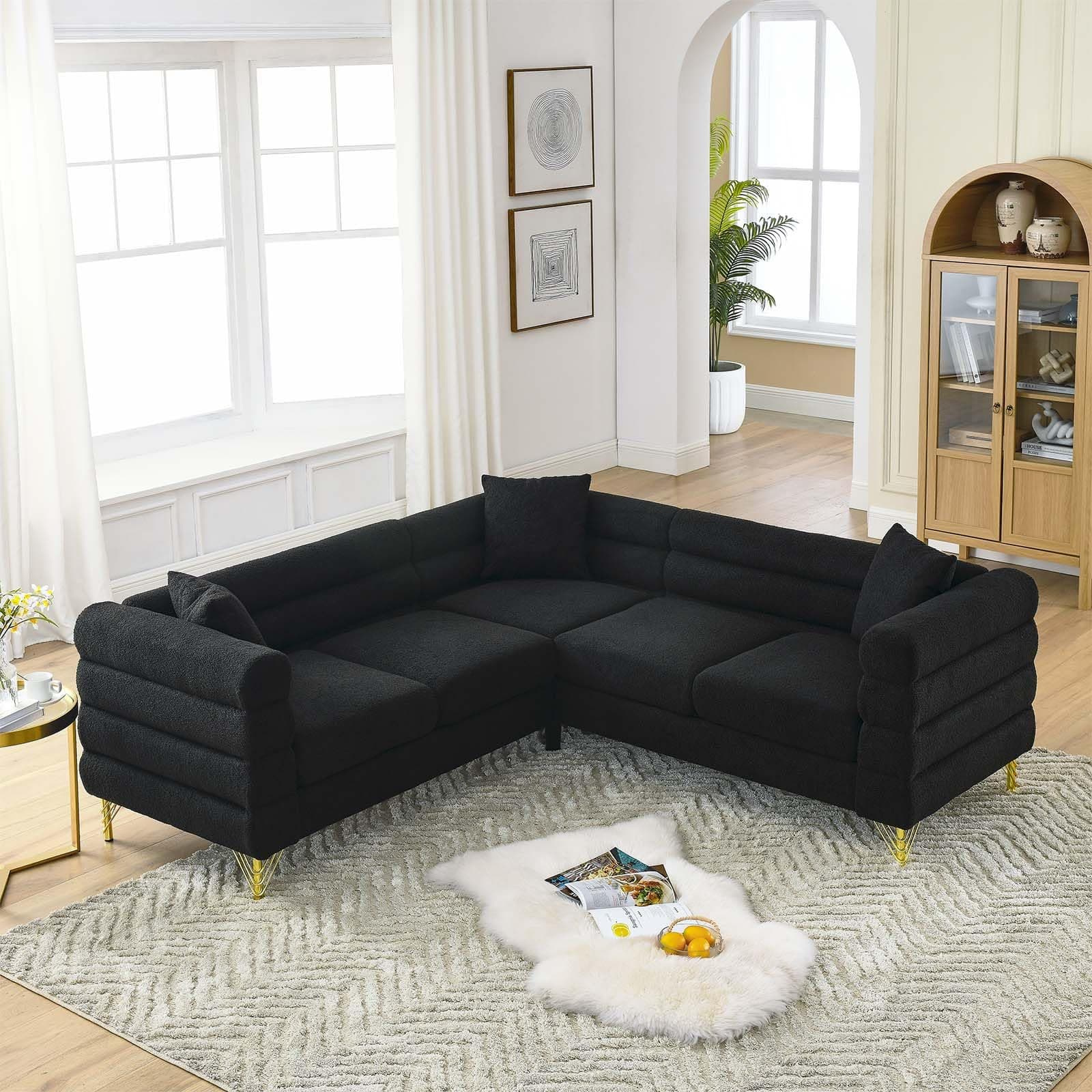 Antetek Modern Black L-Shaped Chaise Lounge Couch with Teddy Fabric and Gold Legs