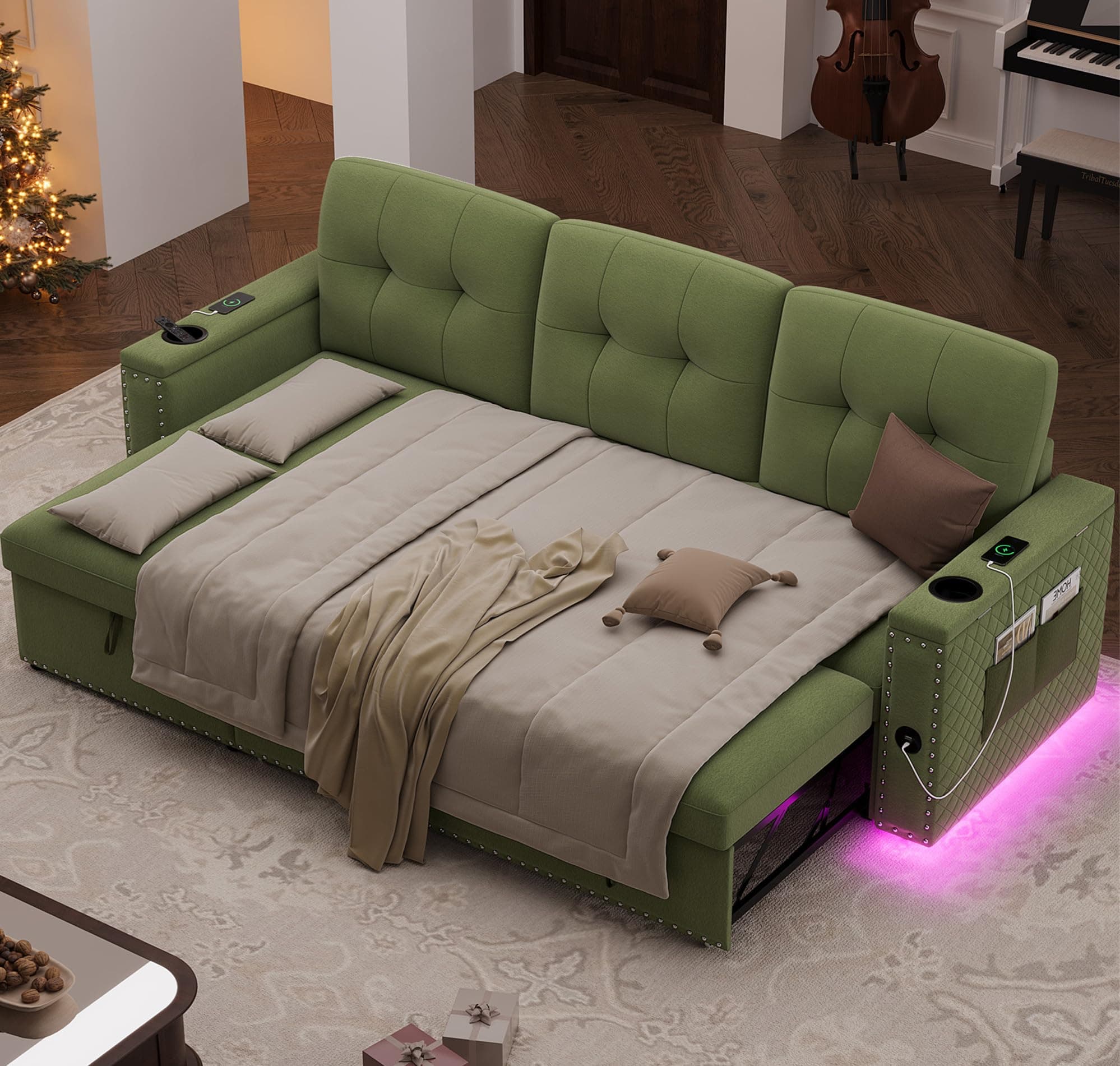 HIFIT 87 L-Shaped Sleeper Sofa Bed with Storage, LED Light, USB Port & Cupholder - Modern Green Velvet Sectional for Living Room