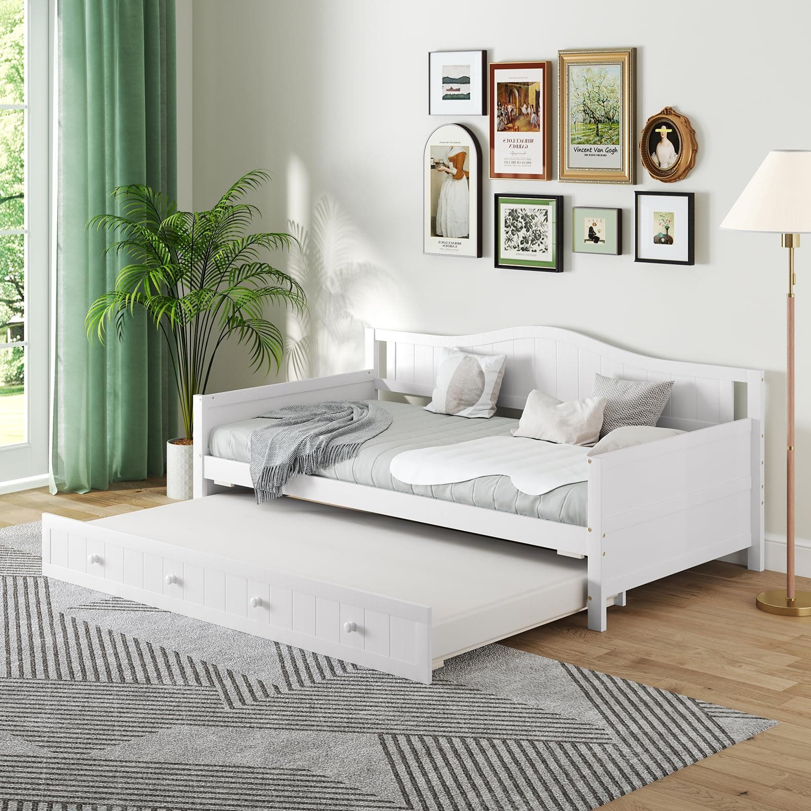 Giantex Twin Daybed with Trundle, Solid Wood Support, White Modern Bed