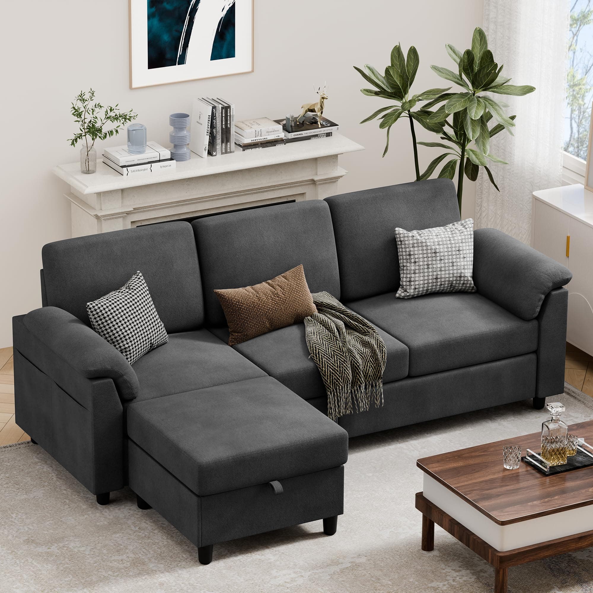 Vongrasig 79" L-Shaped Sectional with Storage Ottoman, Black Linen Fabric