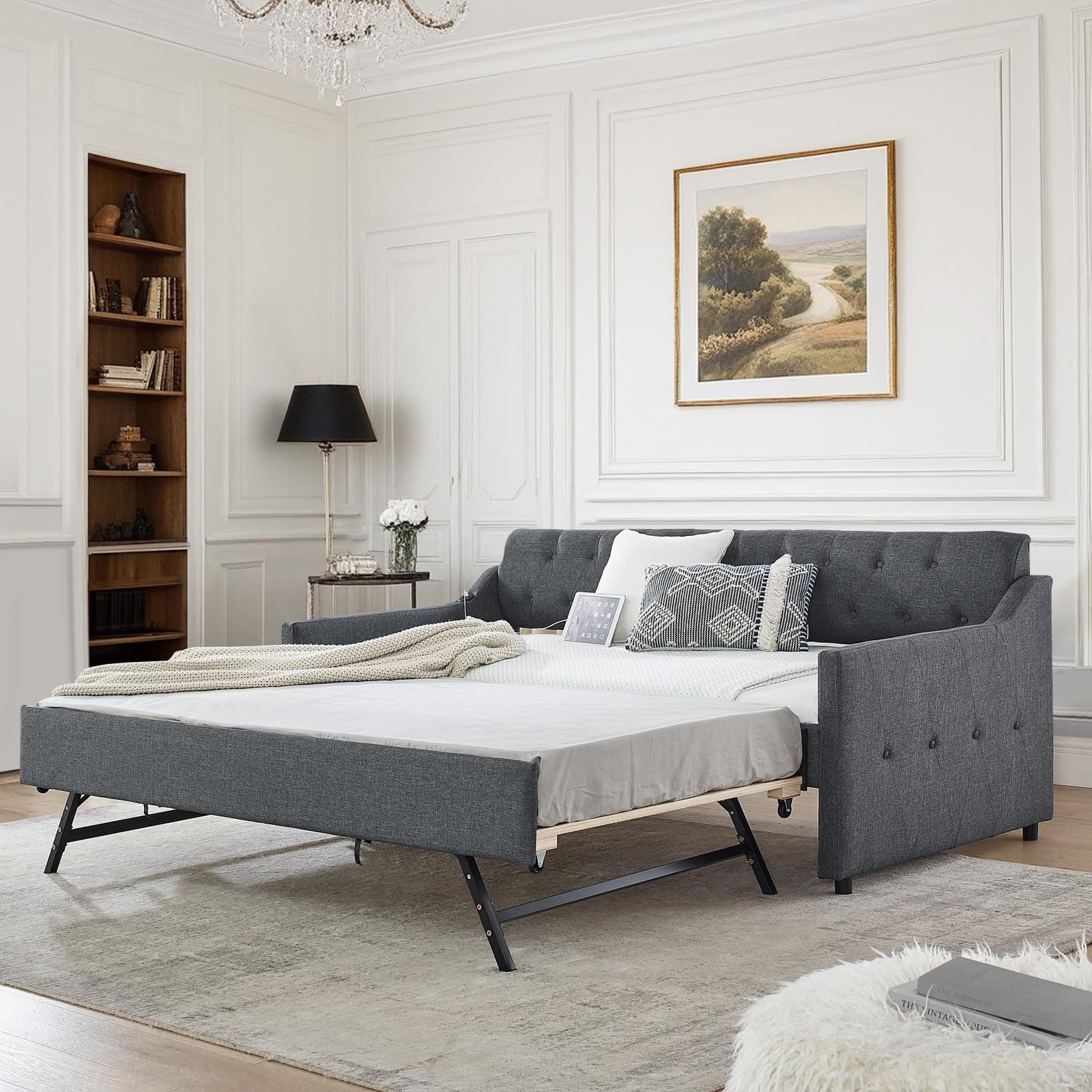 Dark Grey Linen Tufted Extendable Day Bed with Trundle & USB Ports