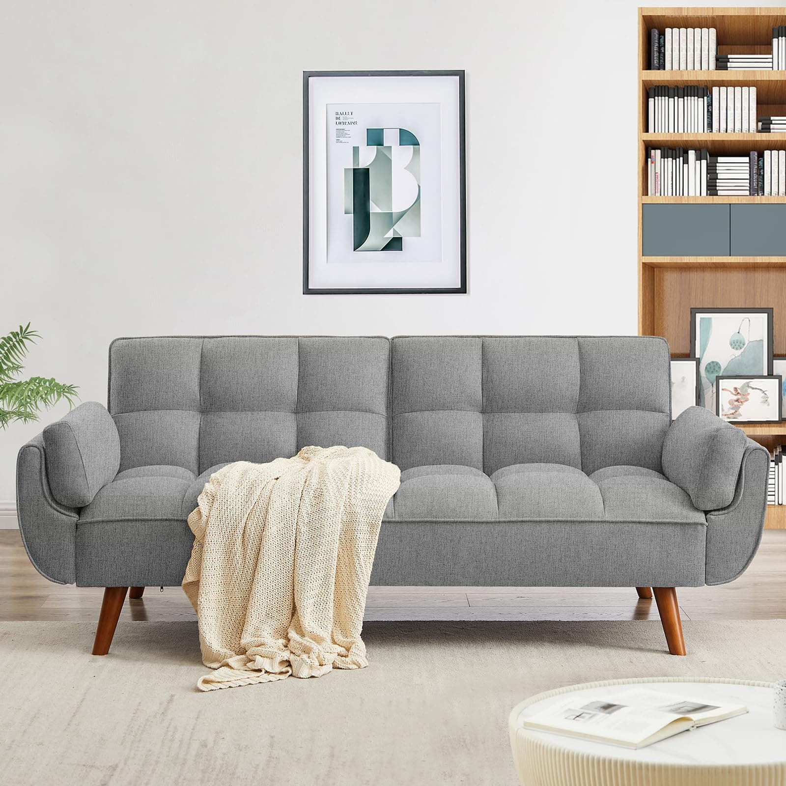 Gray Linen Convertible Futon 3-Seater Sofa Bed with Adjustable Backrests