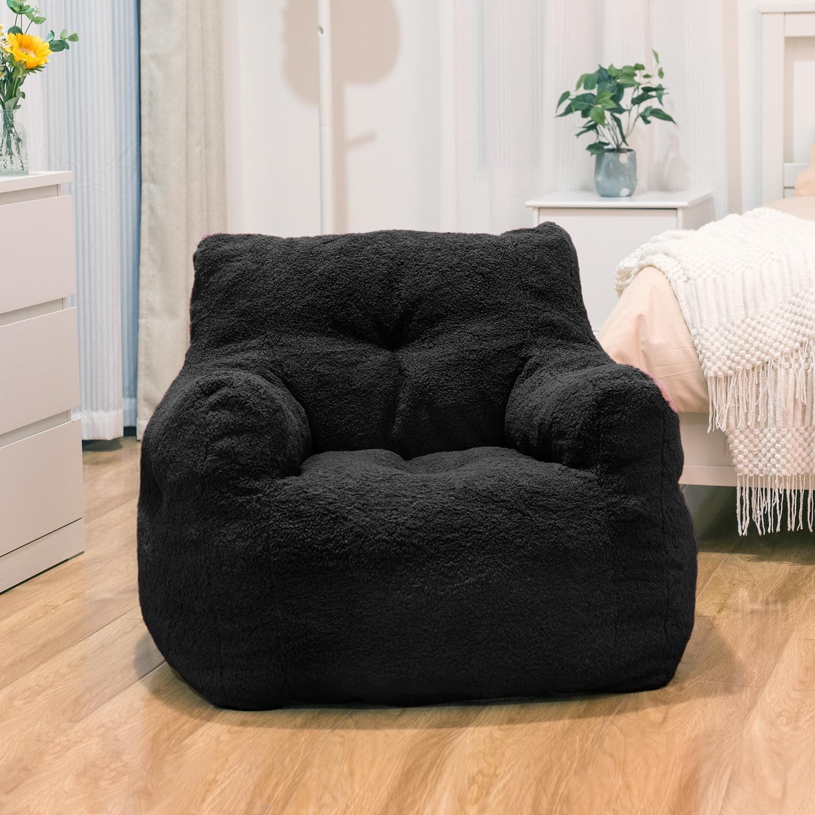 DKLGG Fluffy Sherpa Bean Bag Chair with Memory Foam (Black)