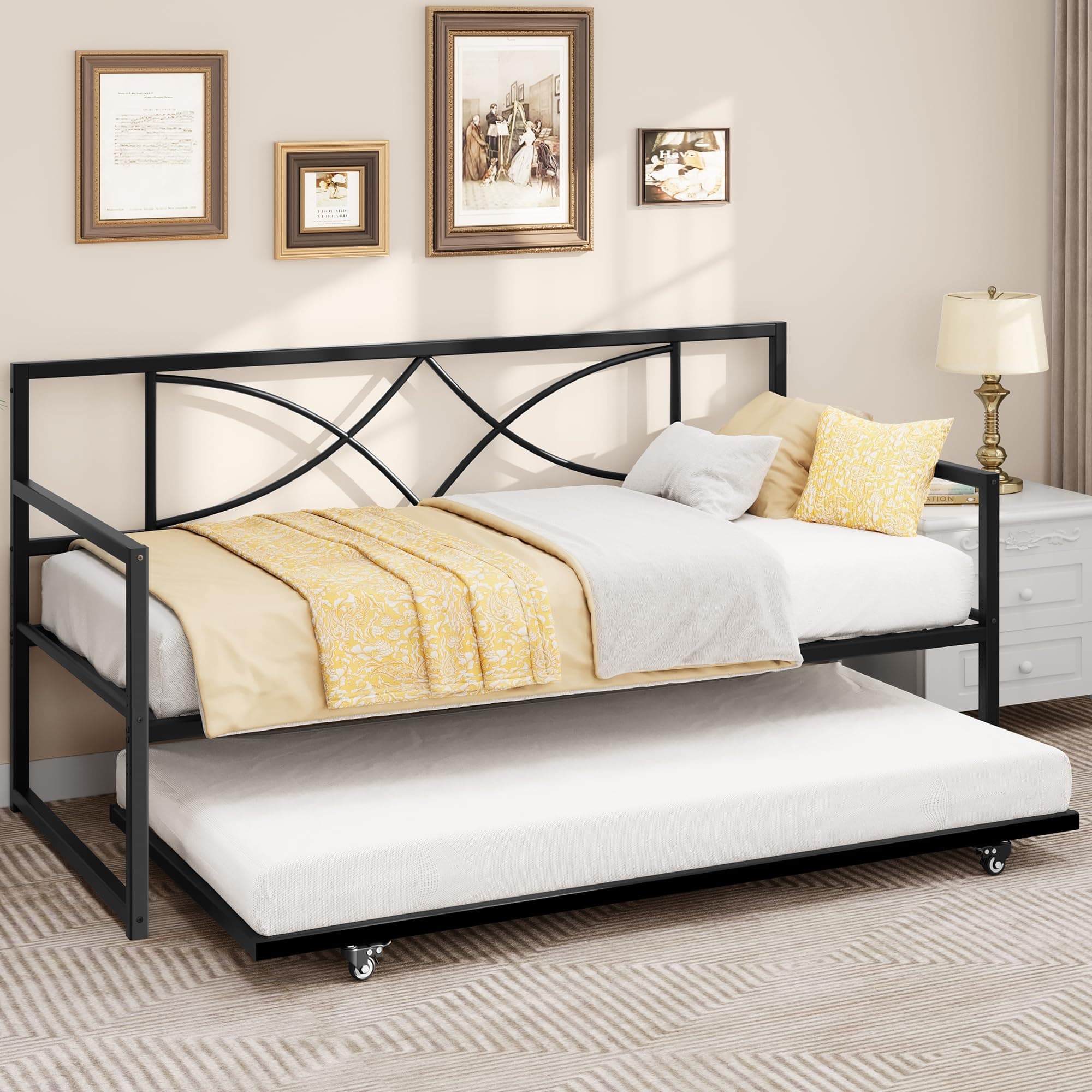 YITAHOME Black Twin Daybed with Pull Out Trundle and Steel Slat Support