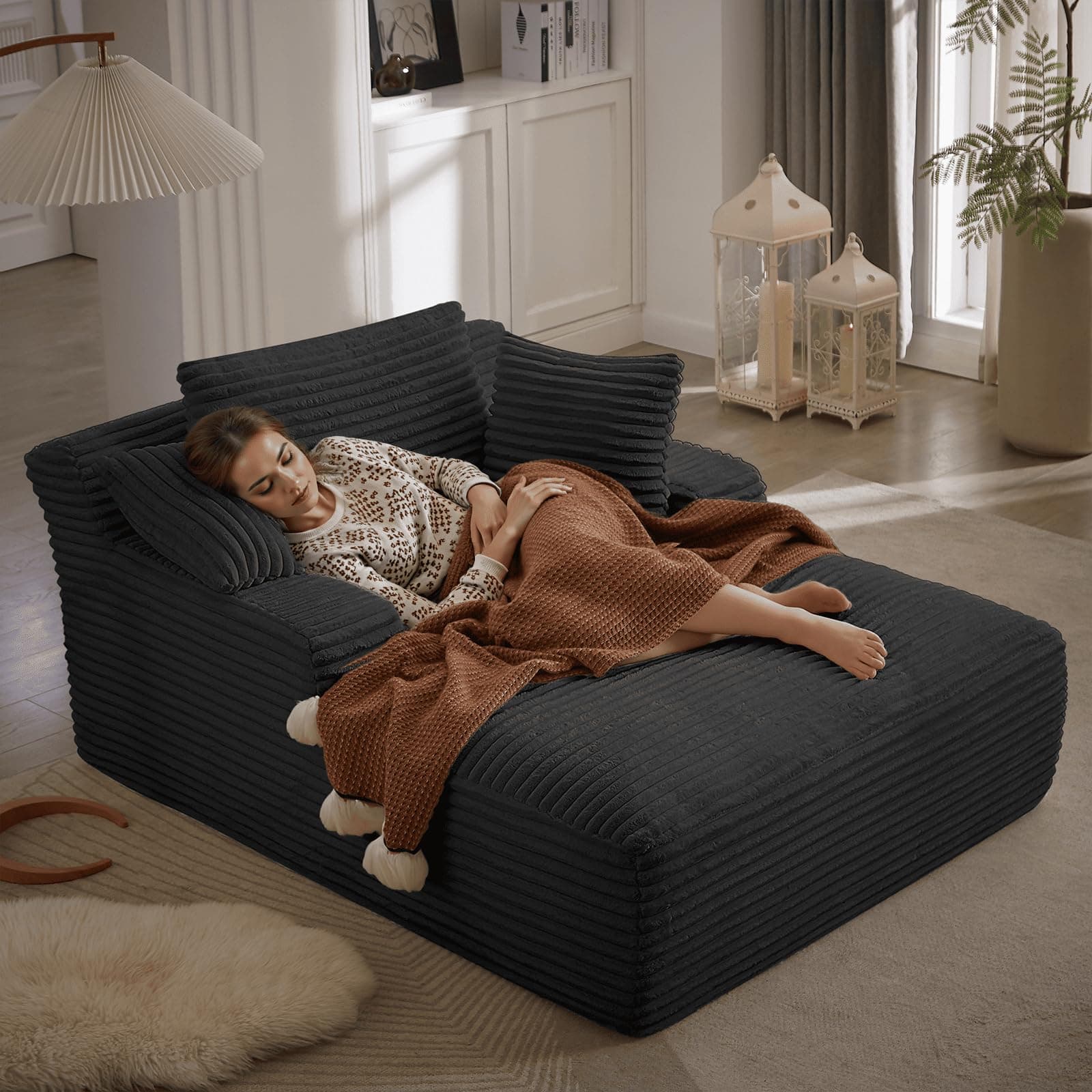 Black 50 Inches Chaise Lounge Indoor Oversized Chair with 3 Throw Pillows and Armrests for Living Room Apartment
| Corduroy Upholstered Black 50 Inches Chaise Lounge Chair with Armrests and Throw Pillows for Living Room Sleeper Chair
| Black 50 Inch