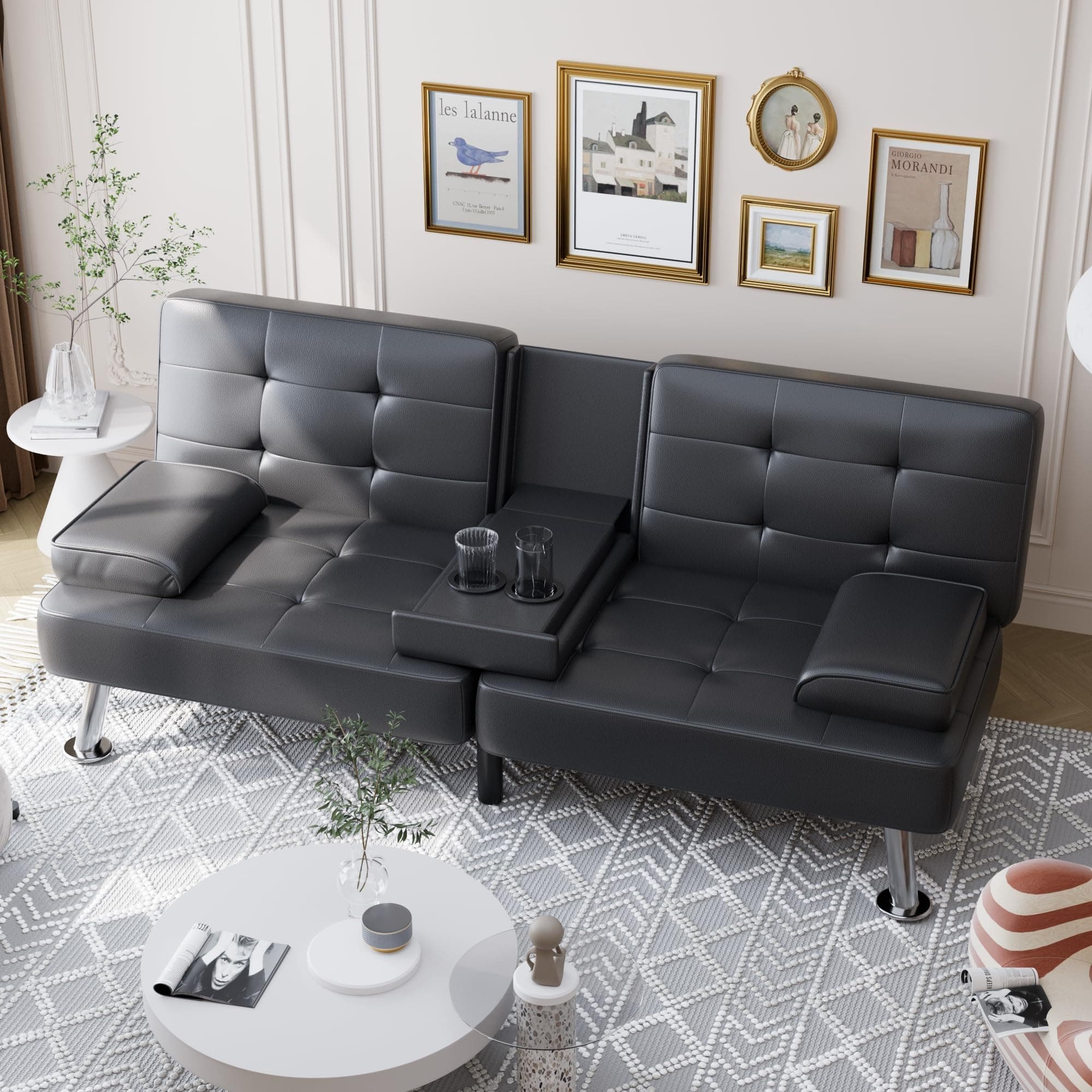 Shahoo Black Faux Leather Convertible Futon Sofa Bed for Living Room