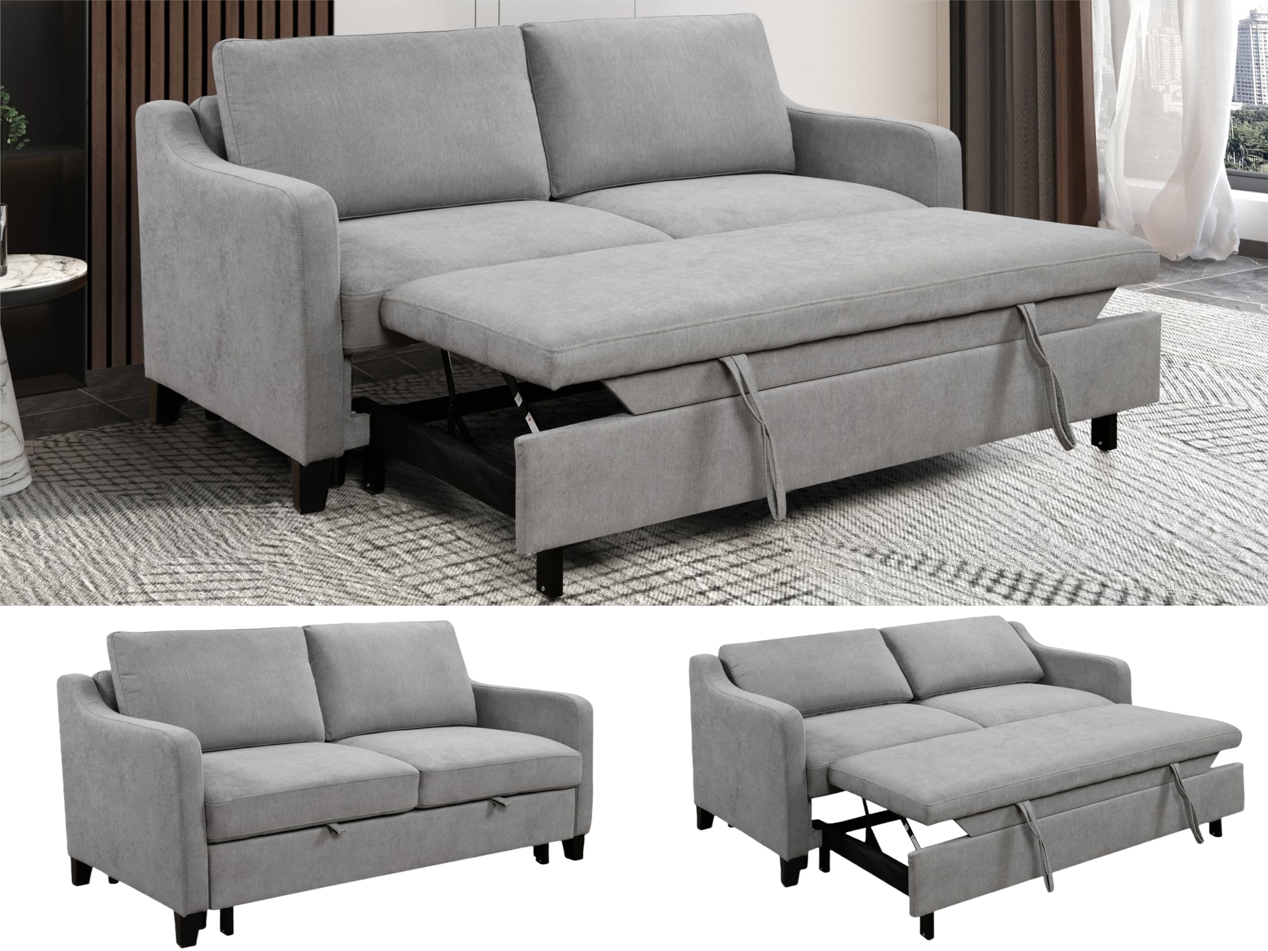 Grey 69'' Queen Size Sleeper Sofa with Adjustable Backrest