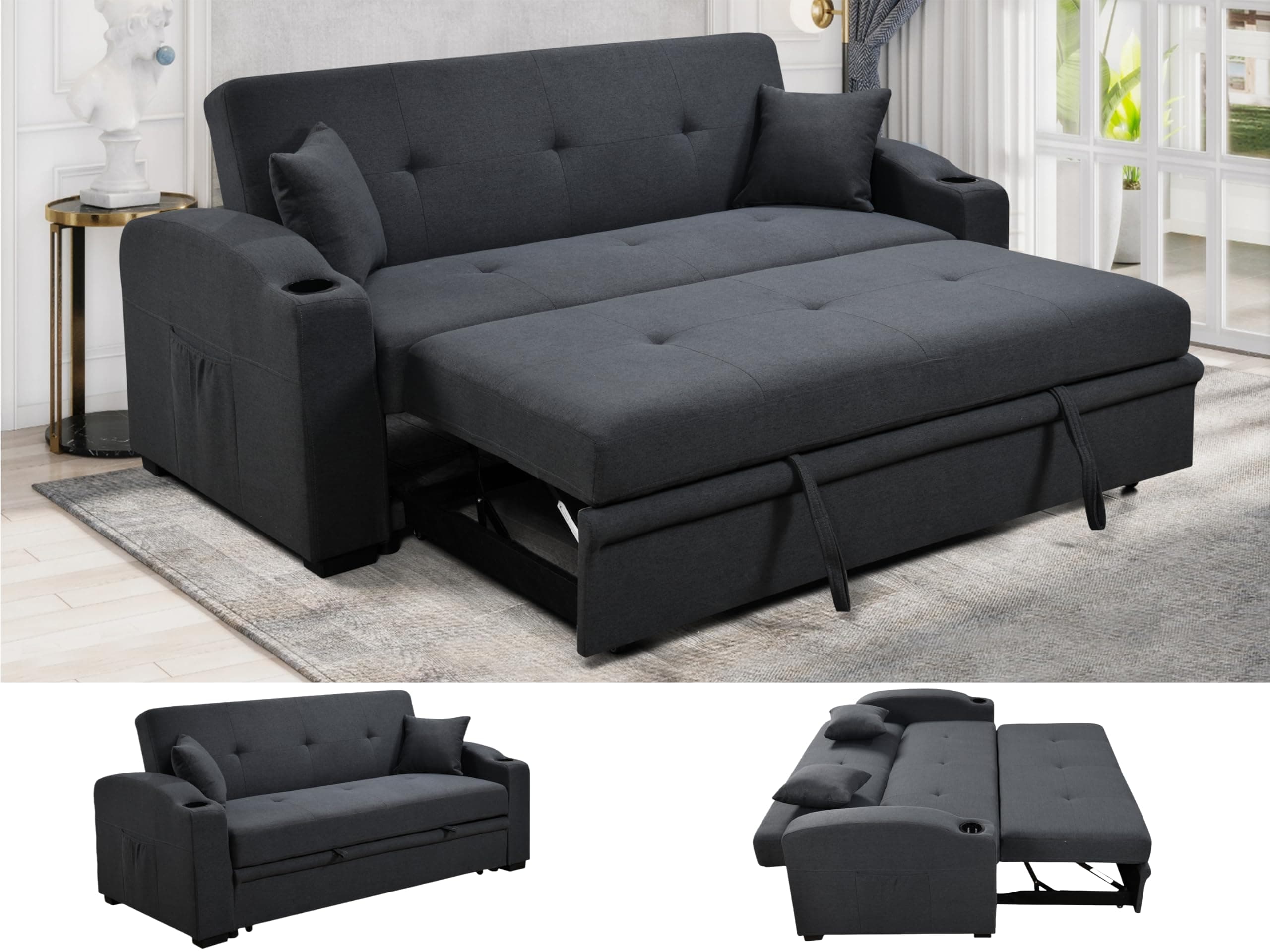 75" Queen Size Convertible Futon Couch with Pull Out Bed and Cup Holders, Blue
