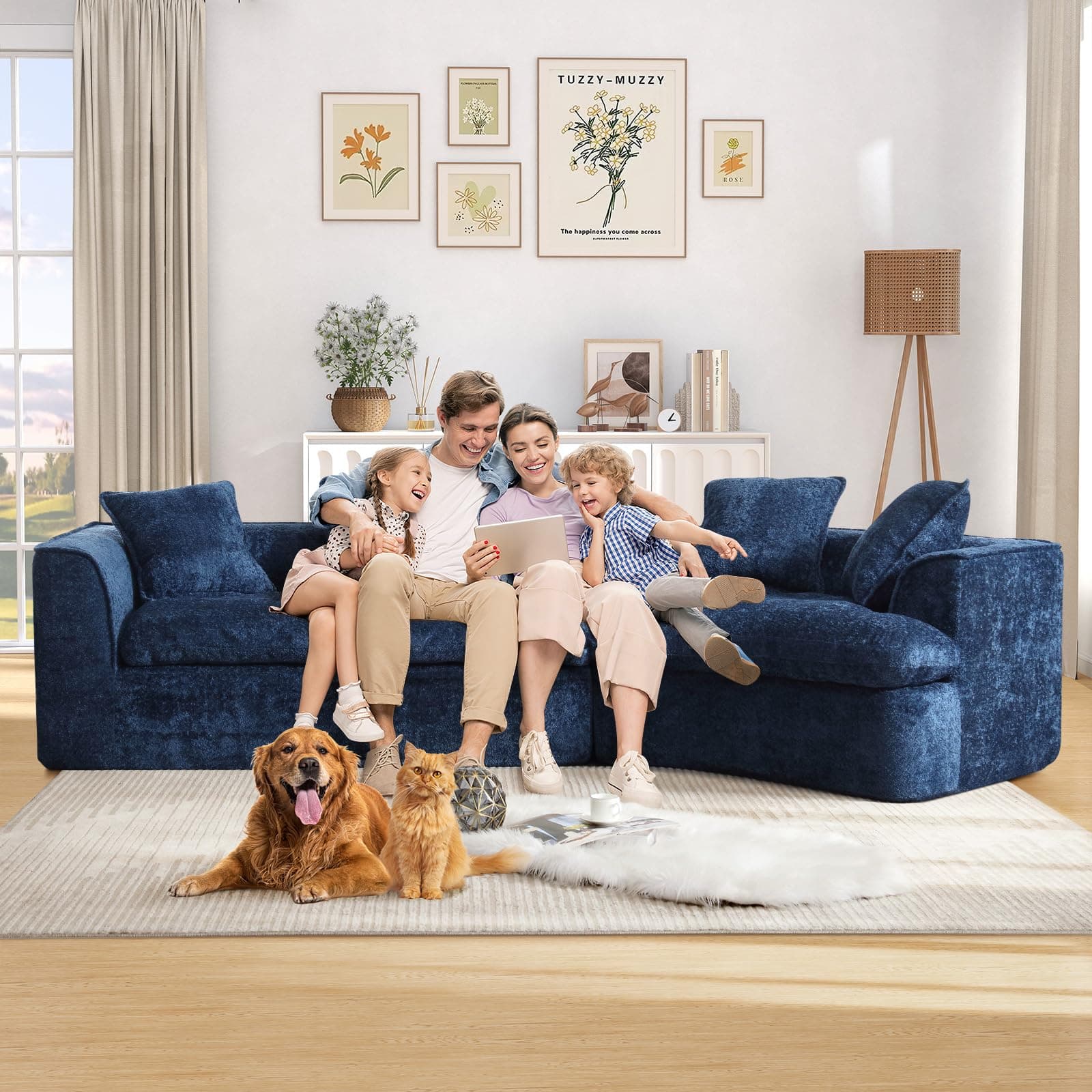 Oversized Curved Corner Sofa, 3 Seater Modern Blue Couch with 5 Throw Pillows
