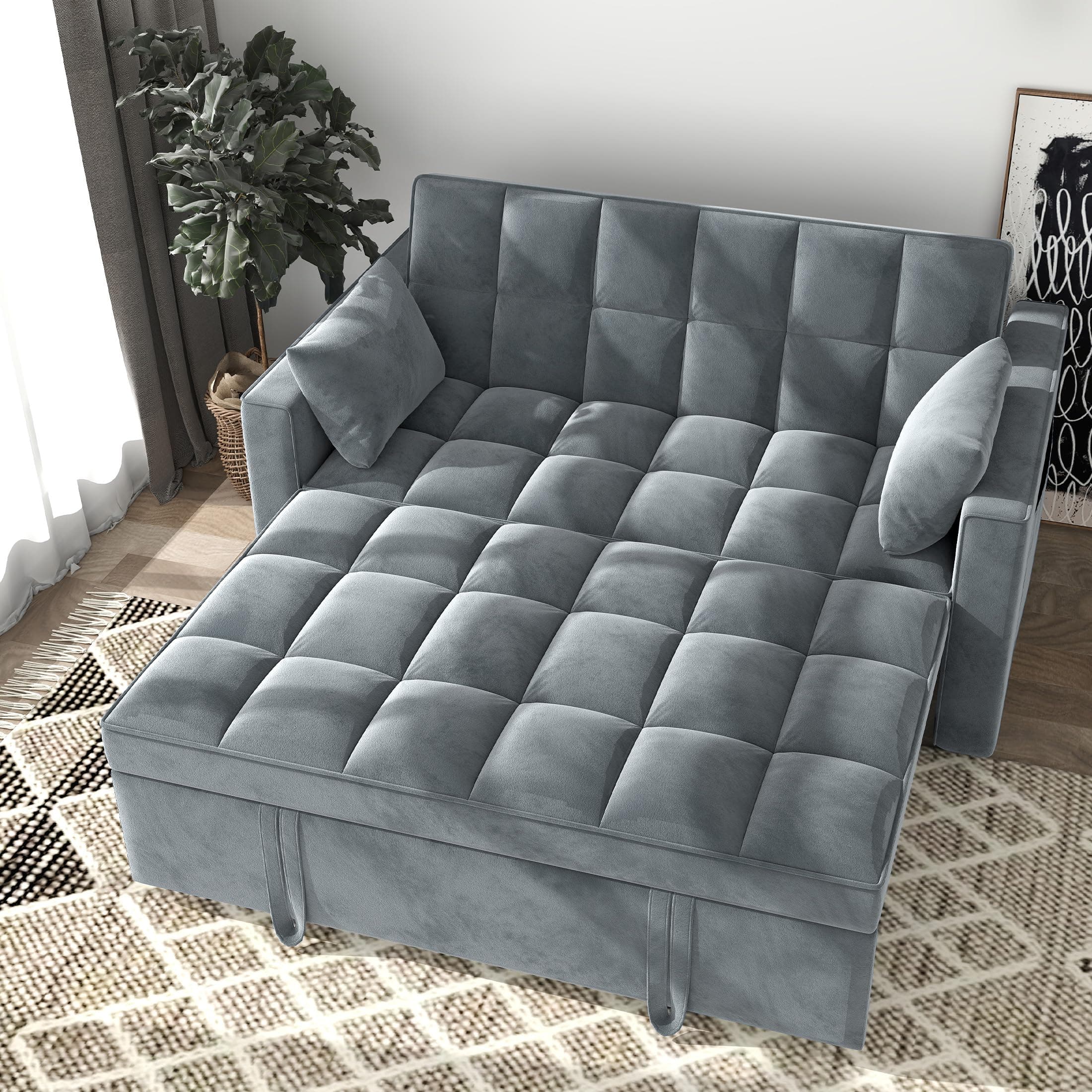 Gray 3-in-1 Velvet Sleeper Sofa Bed 55.9" Living Room Furniture
