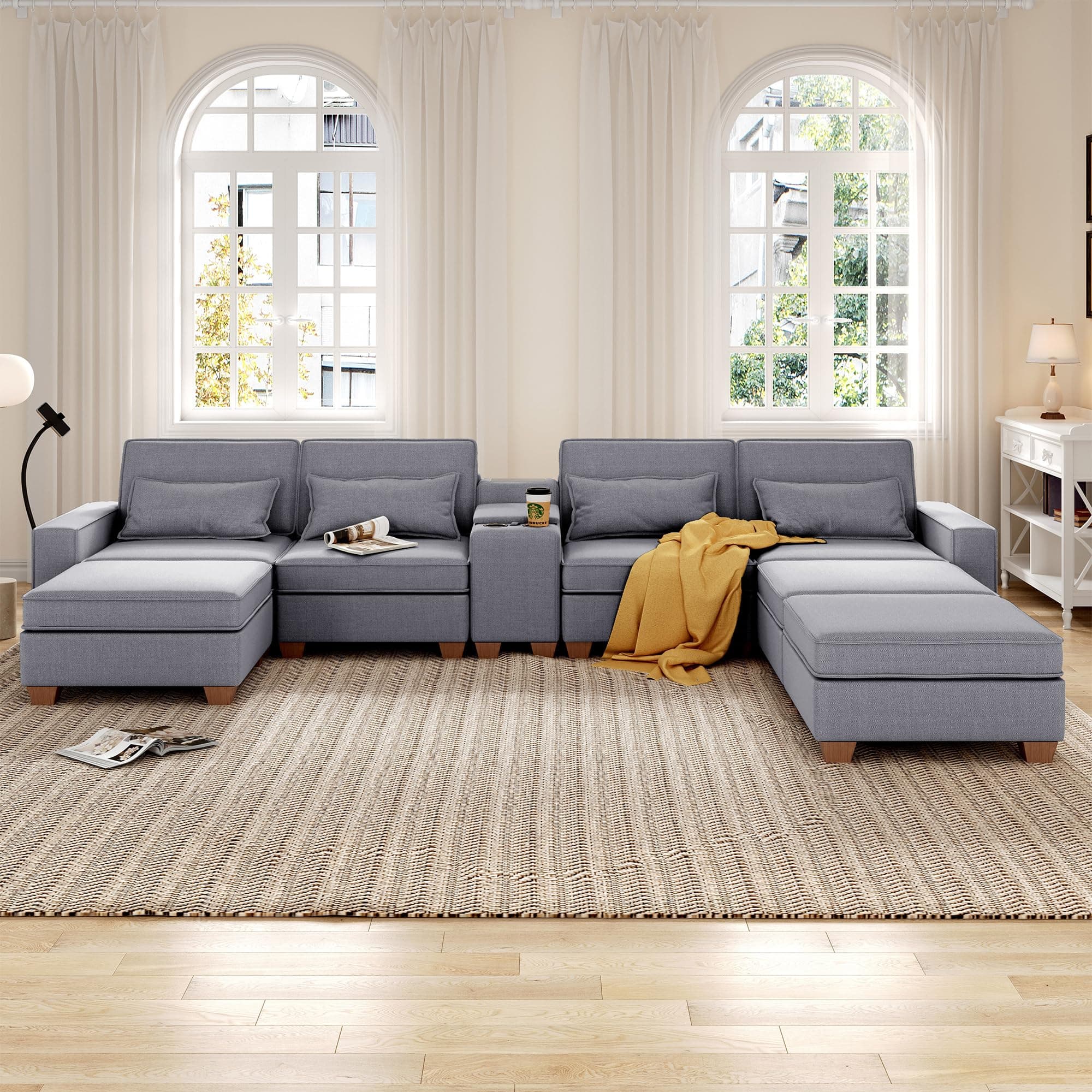 123" U-Shaped Modular Sofa with Storage, 4 Seats, Convertible Bed & Phone Holder"
