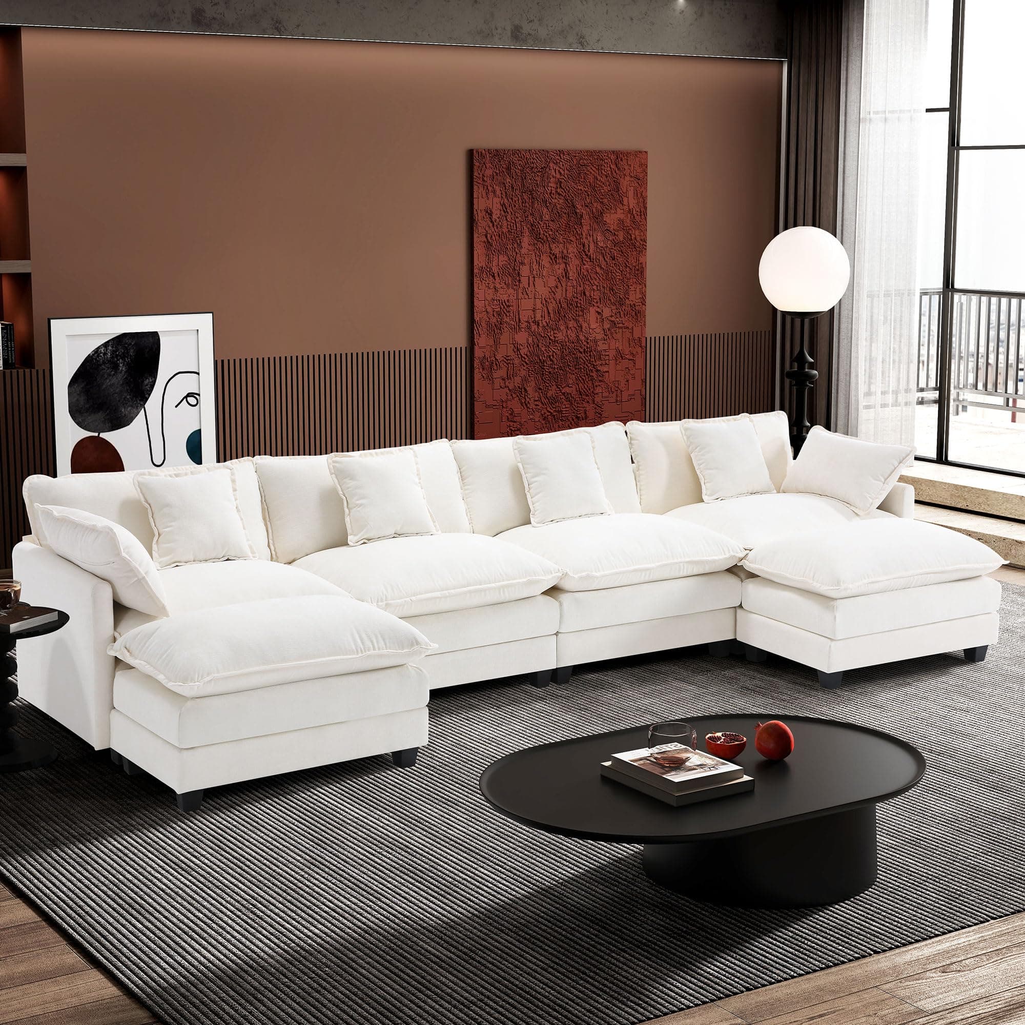 Ihanherry 6-Seat Beige Modular U-Shaped Sofa with Ottomans for Living Room